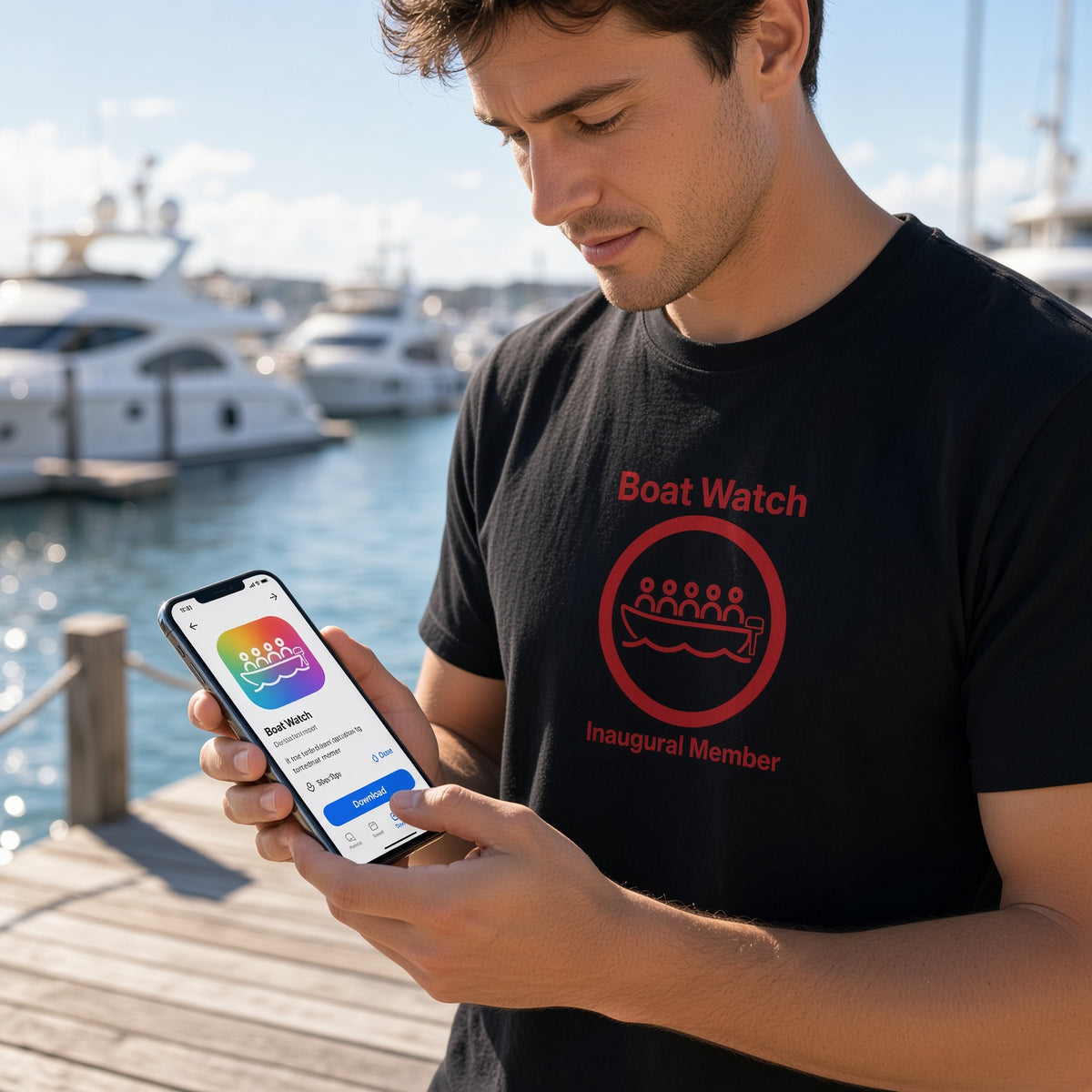 A man wearing a black t-shirt with a red 'Boat Watch' graphic stands on a wooden dock holding a smartphone showing a membership screen, with boats and water in the background.