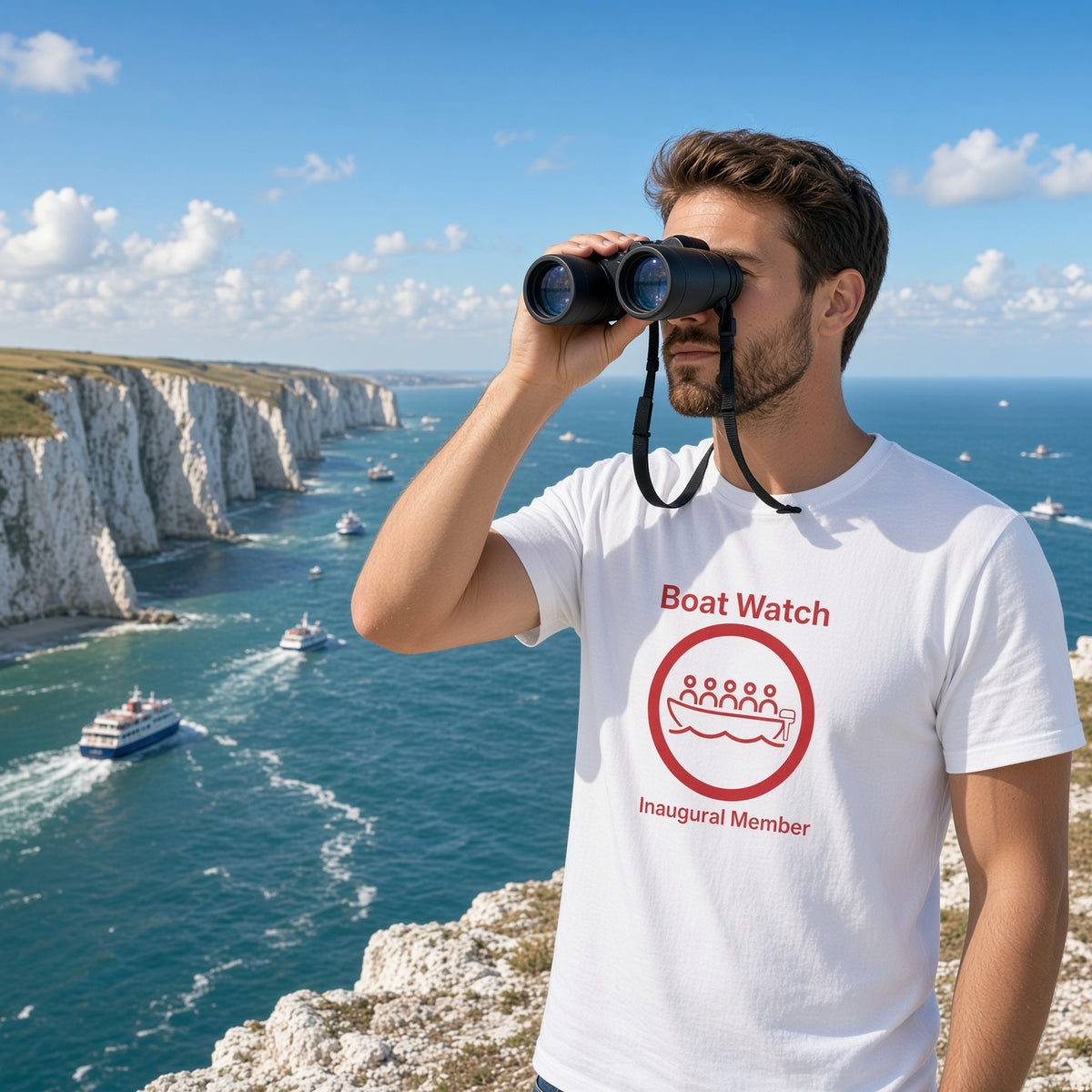 A man wearing a white graphic t-shirt with a red 'Boat Watch' logo stands on a cliffside overlooking the English Channel, using black binoculars. The t-shirt features a red circular logo with a boat and the text 'Boat Watch' and 'Inaugural Member'.