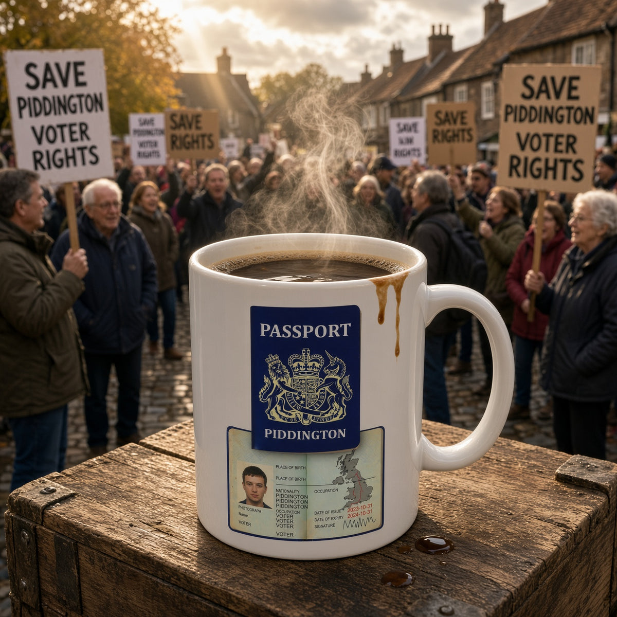 A white ceramic mug filled with steaming coffee sits on a wooden crate in an outdoor protest scene. The mug is printed with a blue 'PASSPORT' style graphic and a Piddington voter rights card.