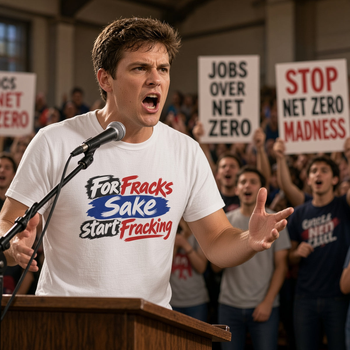 A man at a podium wearing a white graphic T-shirt that reads 'ForFracks Sake Start Fracking' in red, blue, black, and white lettering. A crowd behind him holds protest signs including 'JOBS OVER NET ZERO' and 'STOP NET ZERO MADNESS'.