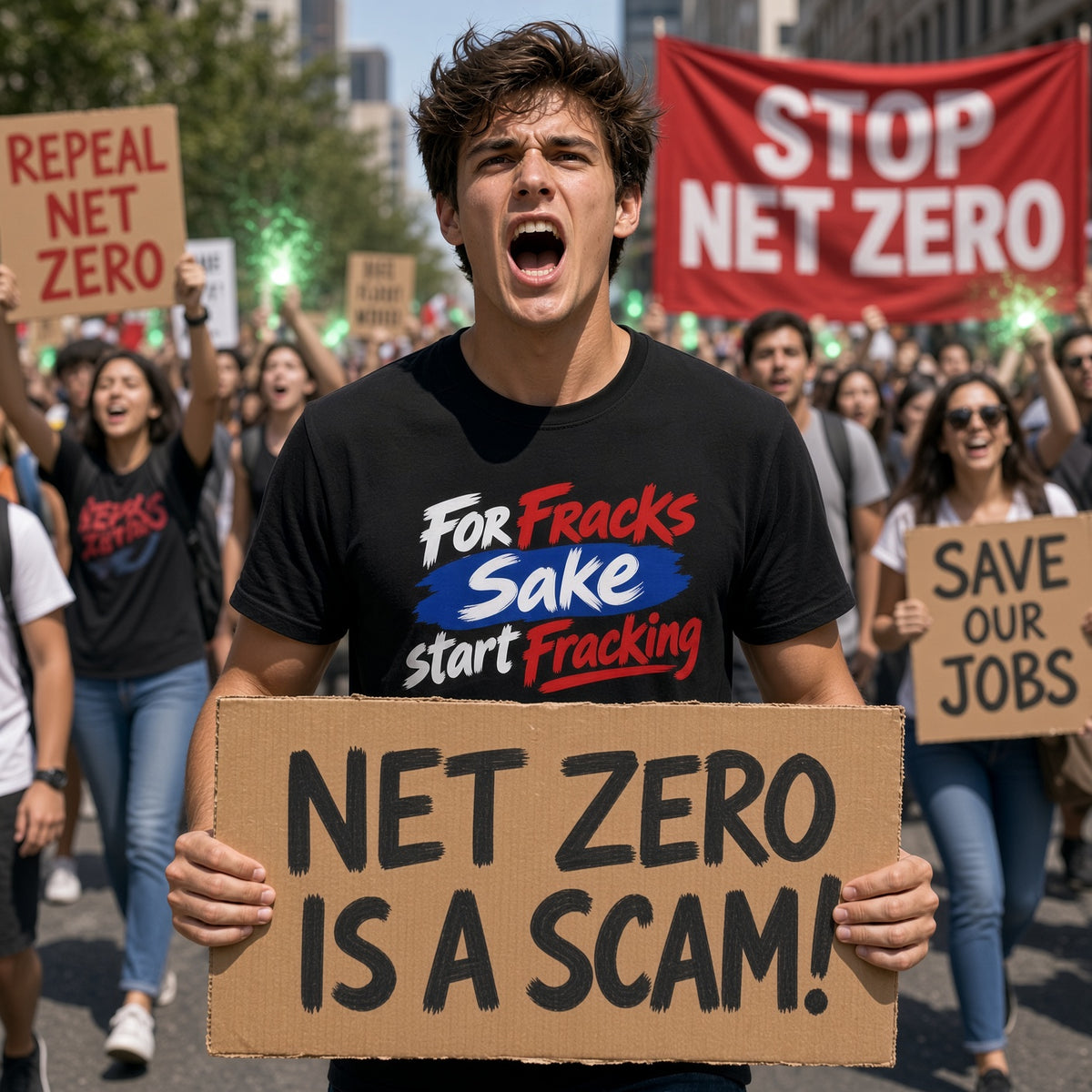 A man at a protest march wearing a black graphic t-shirt that reads 'For Fracks Sake Start Fracking' and holding a cardboard sign that says 'NET ZERO IS A SCAM!'.