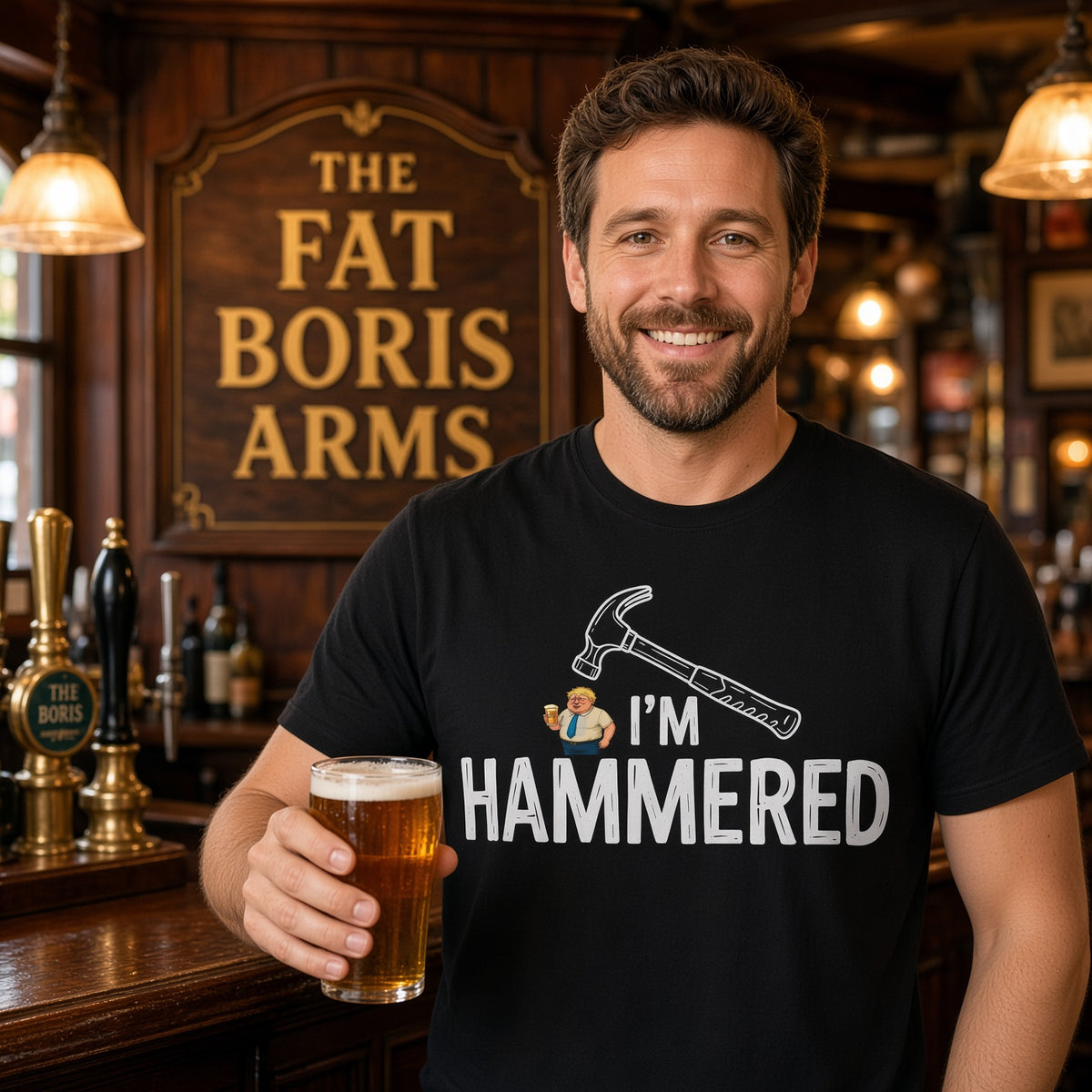 A smiling man in a pub wearing a black graphic t-shirt that reads 'I'M HAMMERED' with a hammer illustration, holding a pint of beer in front of 'The Fat Boris Arms' sign.