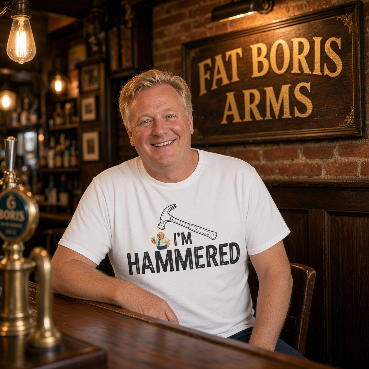 A smiling man sits at a wooden bar in a pub, wearing a white graphic T-shirt that reads 'I'M HAMMERED' with a hammer illustration. Behind him is a brick wall with a wooden sign reading 'FAT BORIS ARMS' and warm hanging lights.