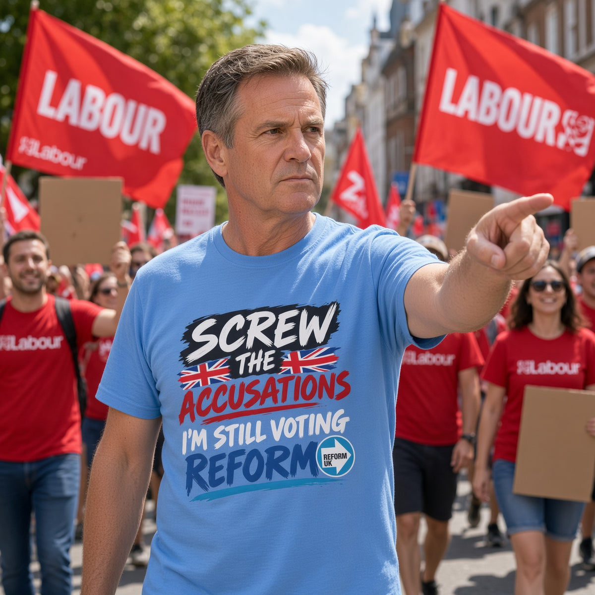 A man in a blue graphic T-shirt stands in a street protest, pointing forward. Red flags reading LABOUR are visible in the background, along with other marchers holding cardboard signs.