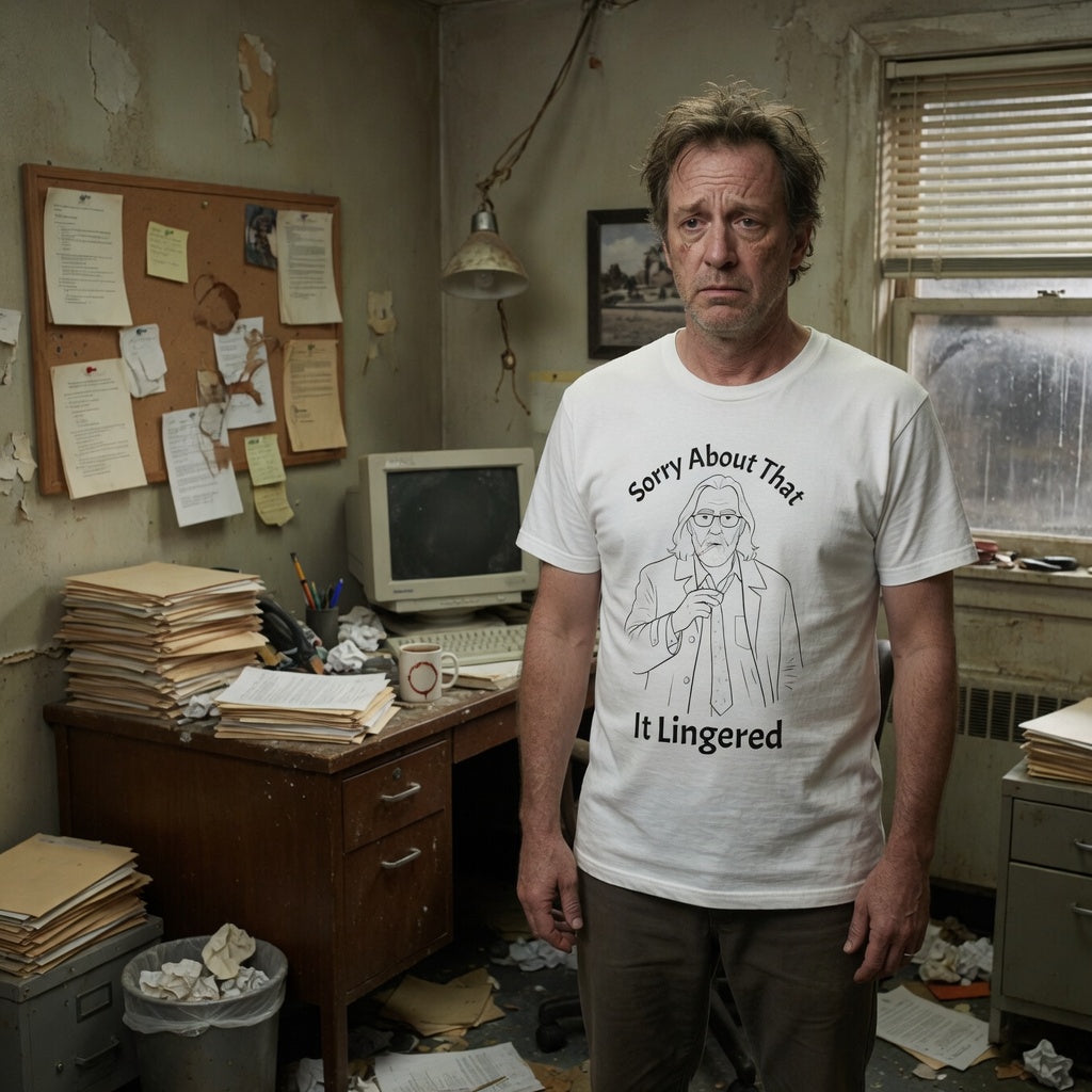 Man wearing a slow horses design  t-shirt with text sorry about that it lingered  and a graphic in a cluttered office.