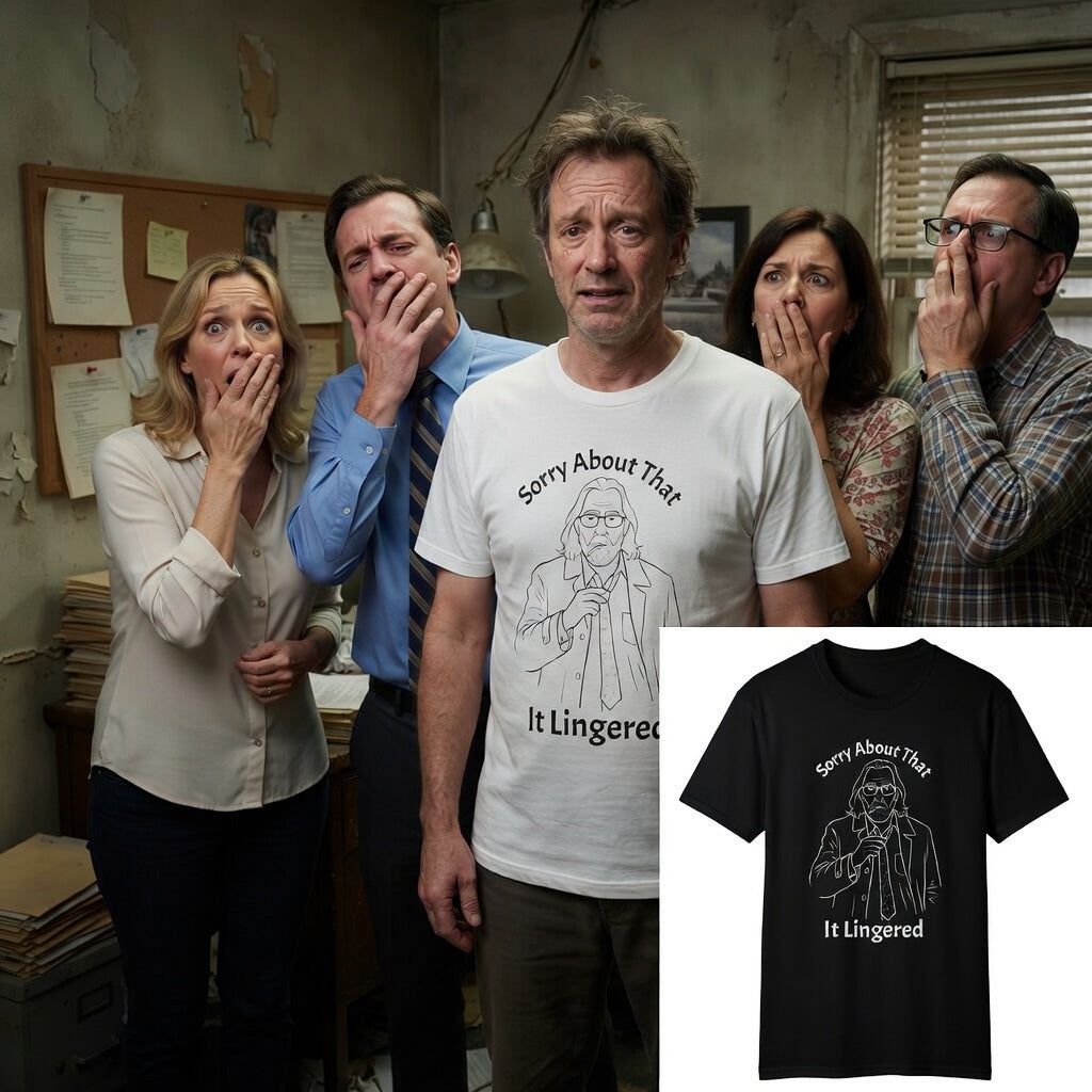Group of people reacting with shock in an office setting, with a person wearing a t-shirt with a graphic and text. sorry about that it lingered