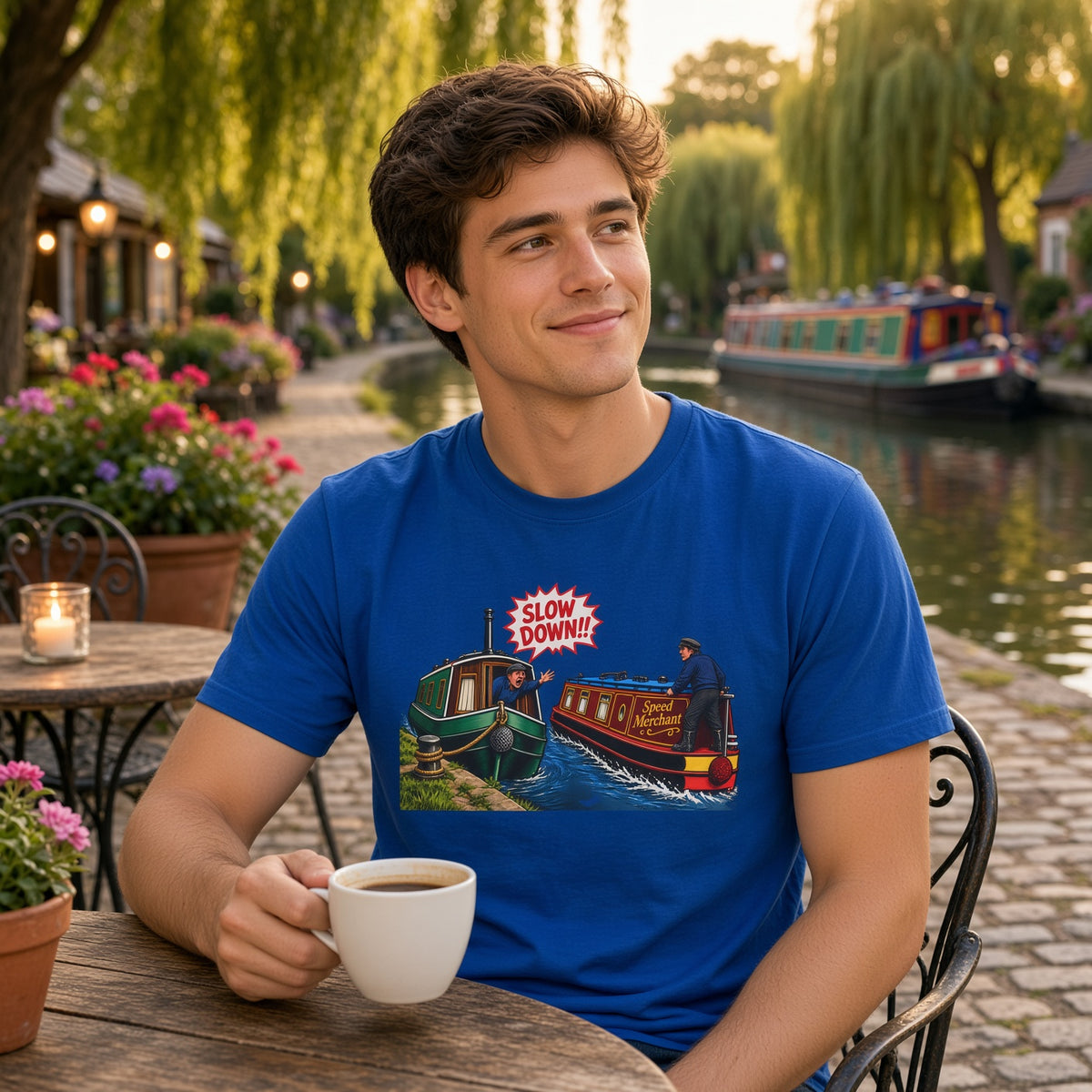 A man sitting at an outdoor cafe table by a canal, wearing a blue personalised graphic t-shirt with a vintage-style illustration of a narrowboat with the text 'SLOW DOWN!'.