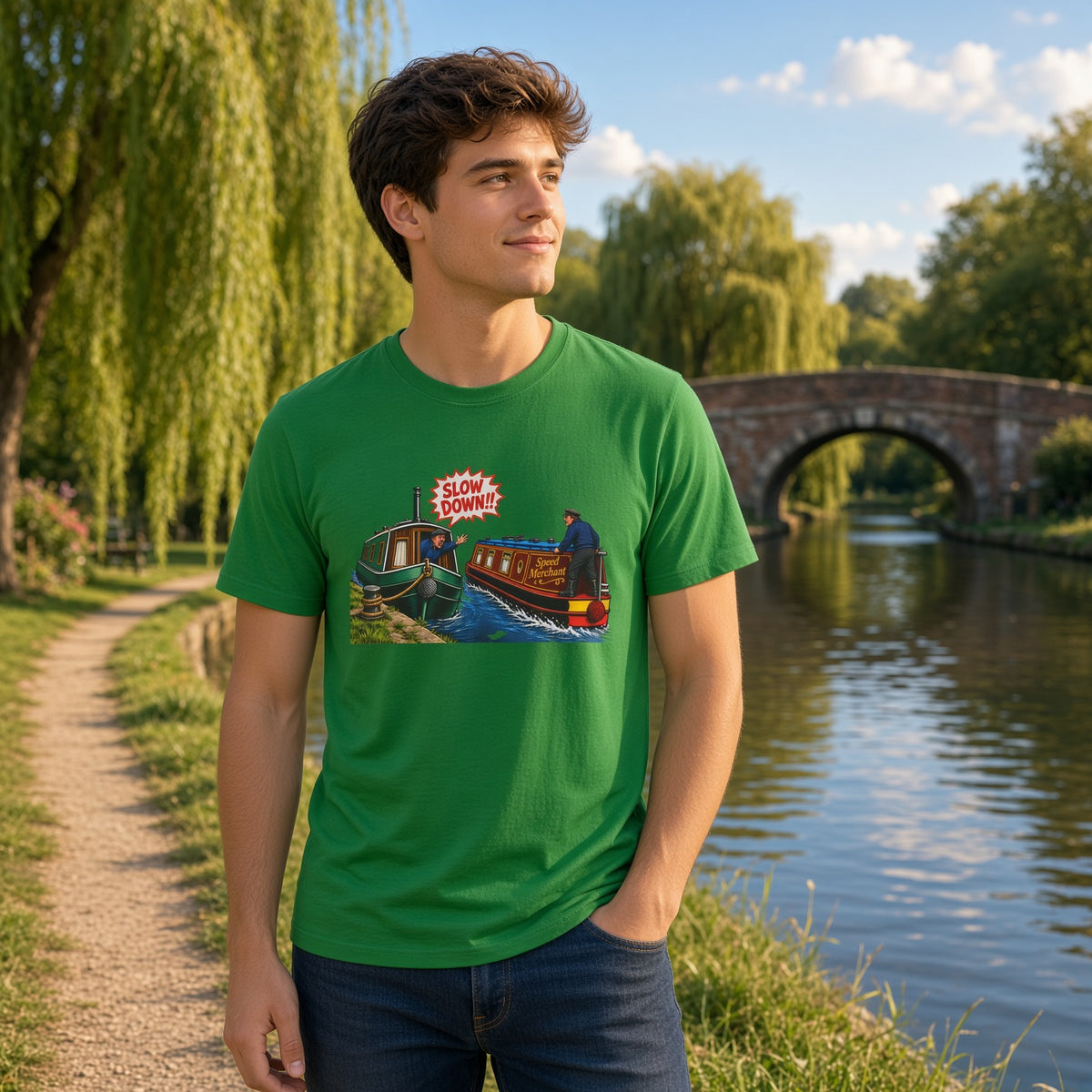 A man wearing a green graphic t-shirt stands outdoors by a canal with a stone bridge and weeping willows in the background. The t-shirt features a retro-style illustration of a canal boat with a speech bubble that reads 'SLOW DOWN!'.