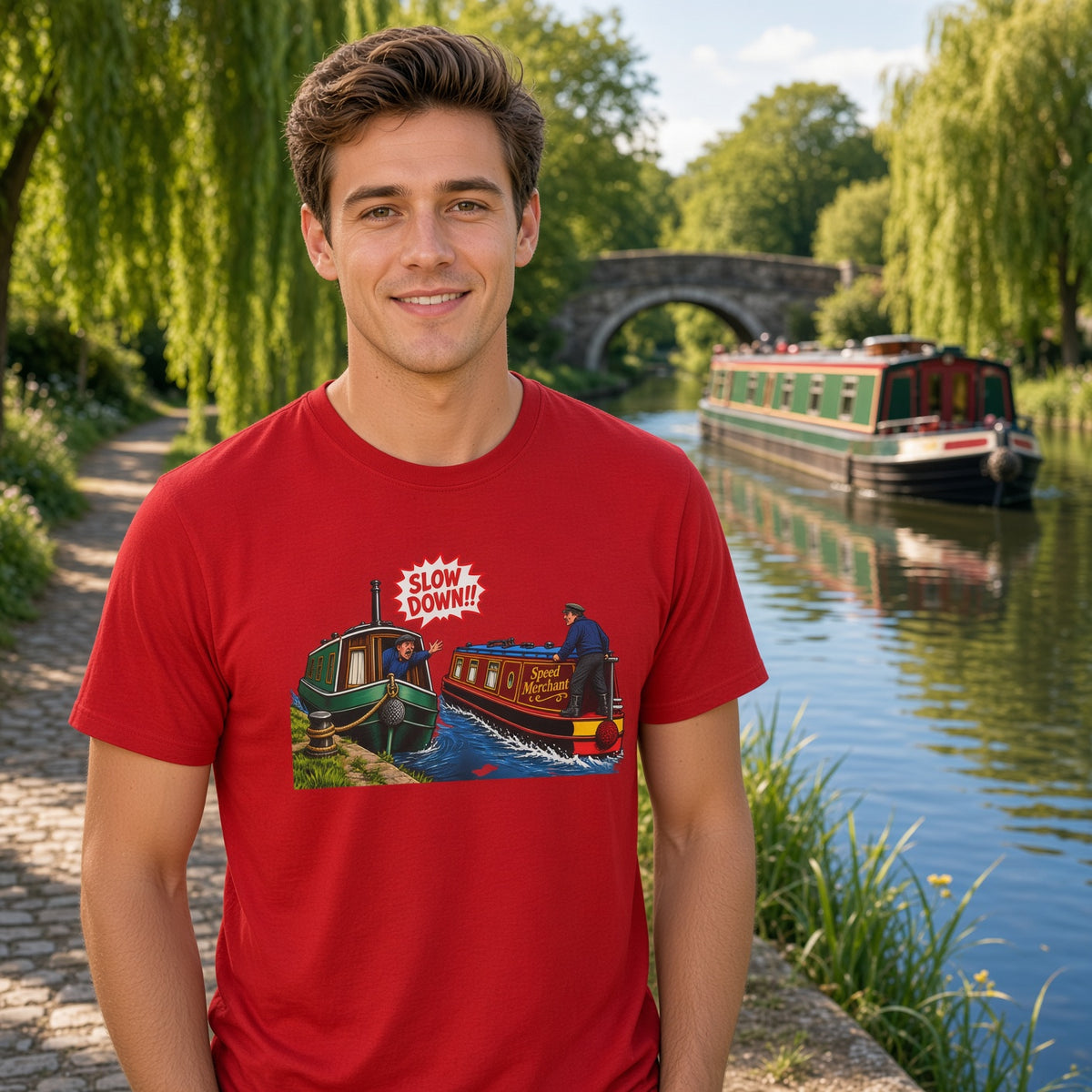 A smiling young man wearing a red graphic t-shirt stands on a stone path by a canal with a narrowboat and a stone bridge in the background. The t-shirt features a cartoon illustration of two boats with the text 'SLOW DOWN!!'.