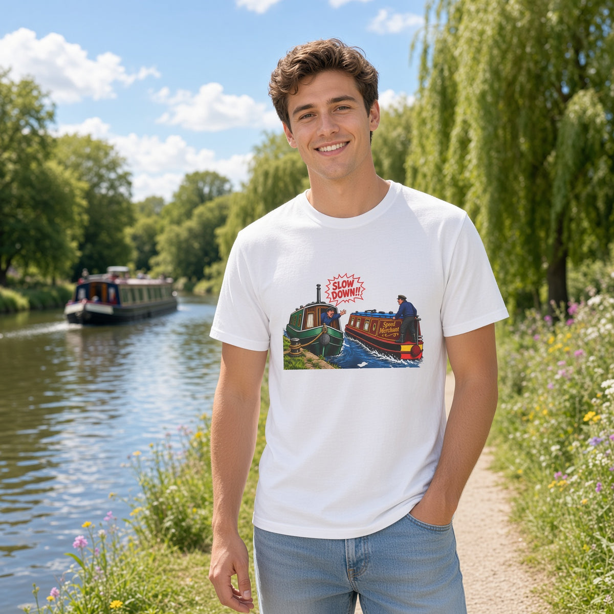 A smiling young man stands on a garden path by a canal wearing a white graphic T-shirt with a colorful boat illustration and the text 'SLOW DOWN"