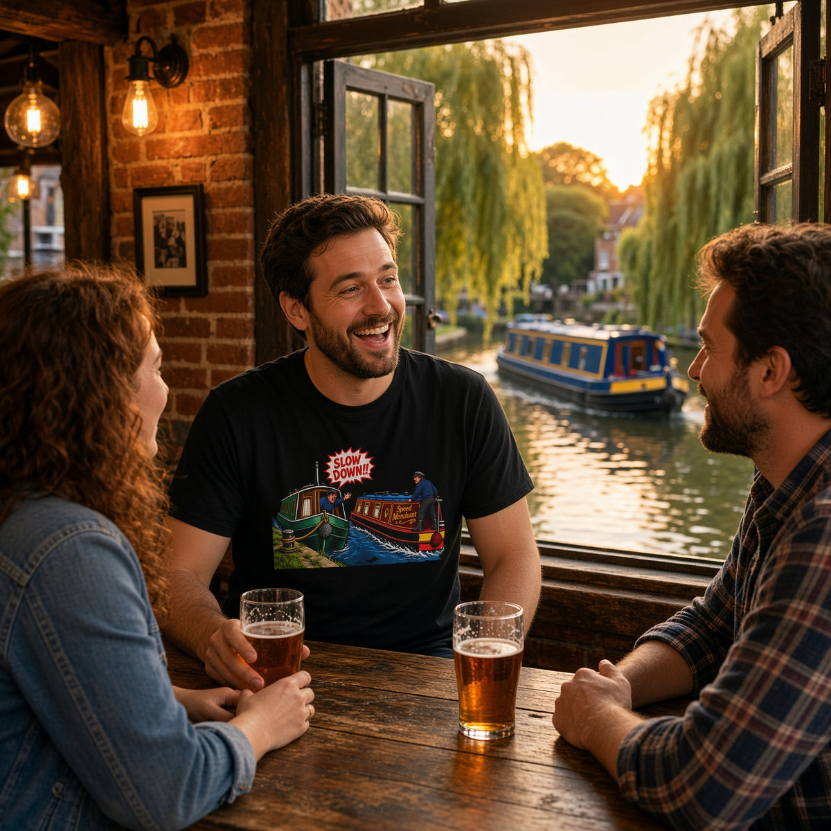 A man in a pub wearing a black graphic t-shirt with a colorful boat illustration, sitting with two friends and holding a pint of beer, with a canal and boat visible through the window behind them.
