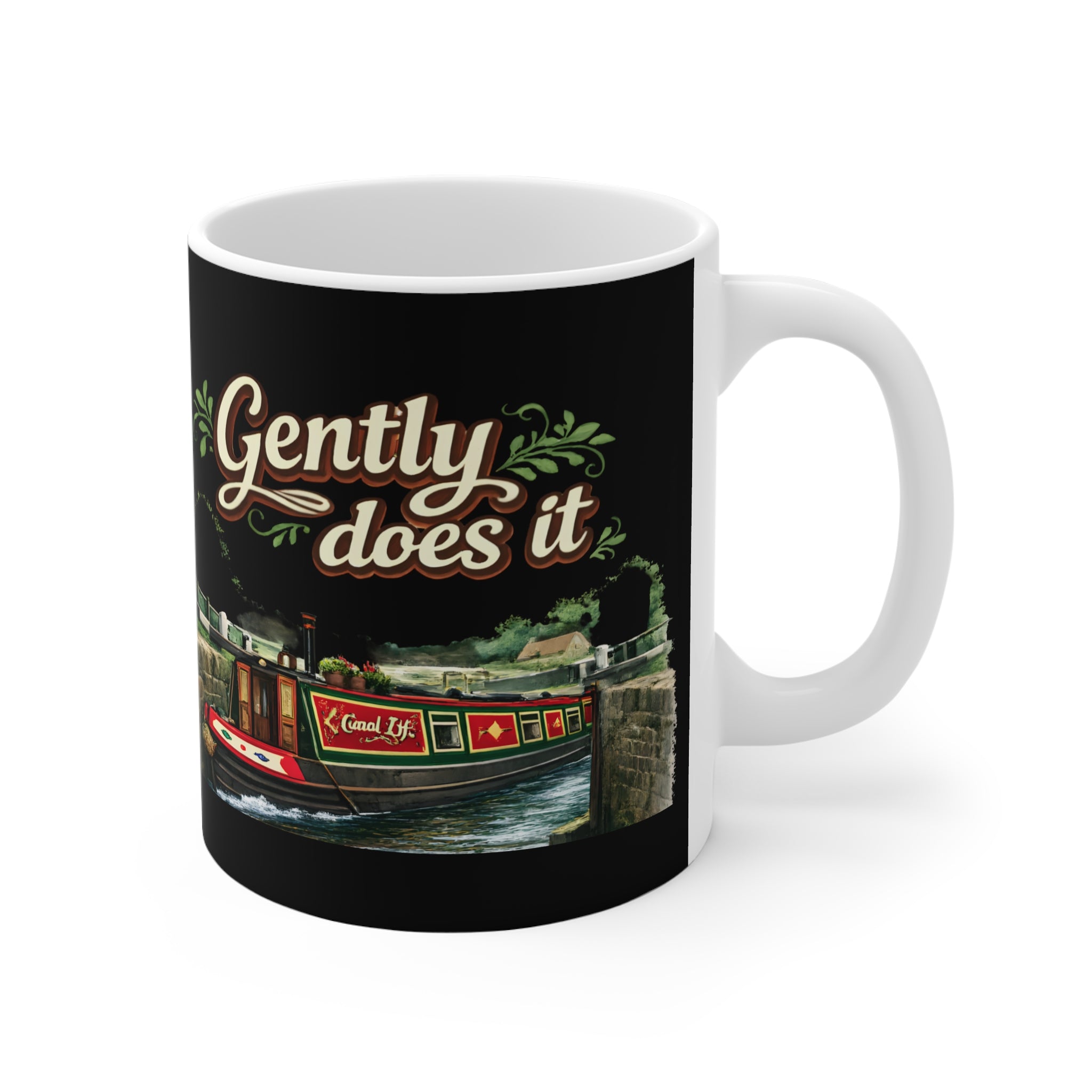 Gently Does It Canal Boat Mug — 11oz Scenic Narrowboat Coffee Cup Printify