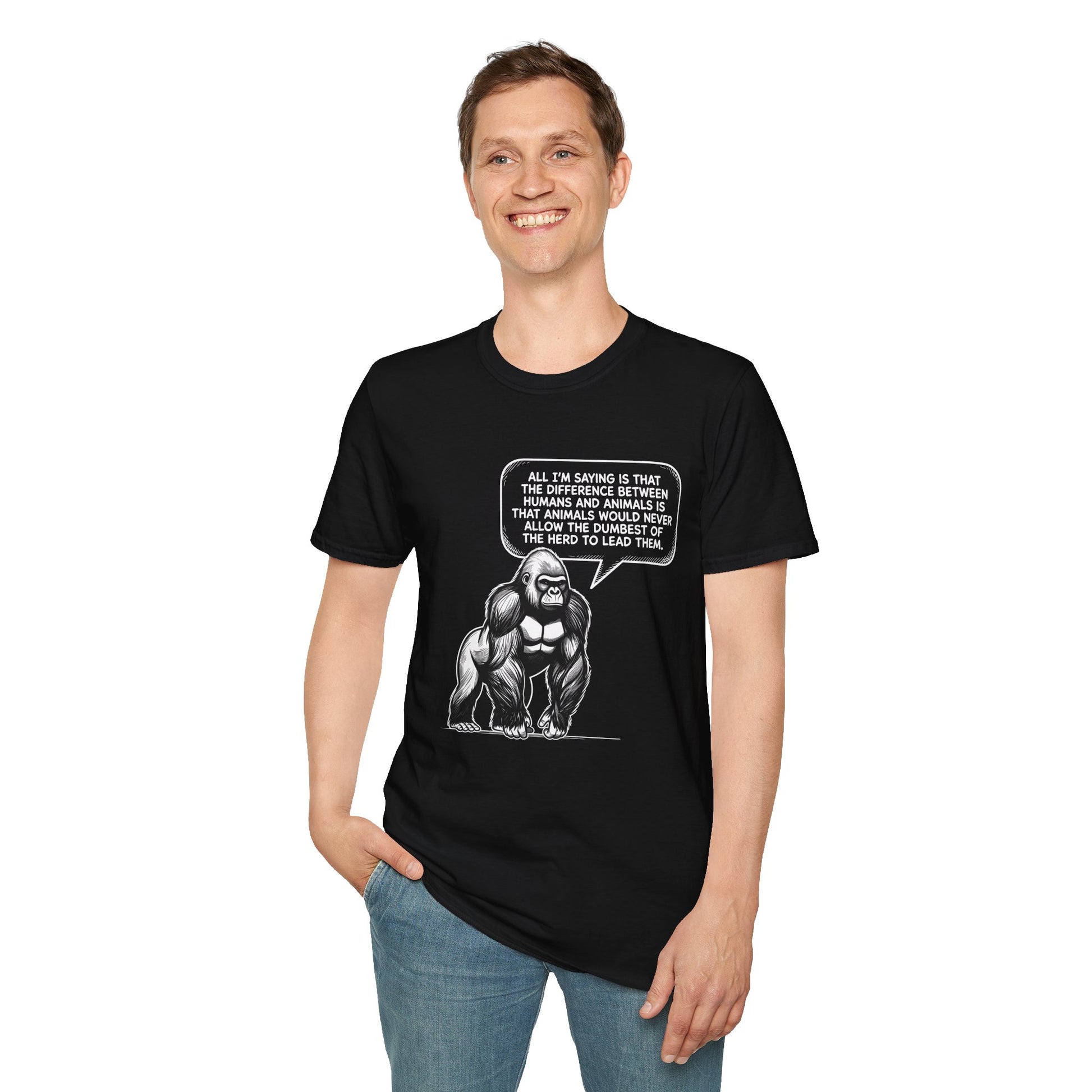 Political Satire Gorilla T-Shirt - "Dumbest of the Herd" Funny Quote Tee | Gildan Softstyle Unisex Shirt Printify