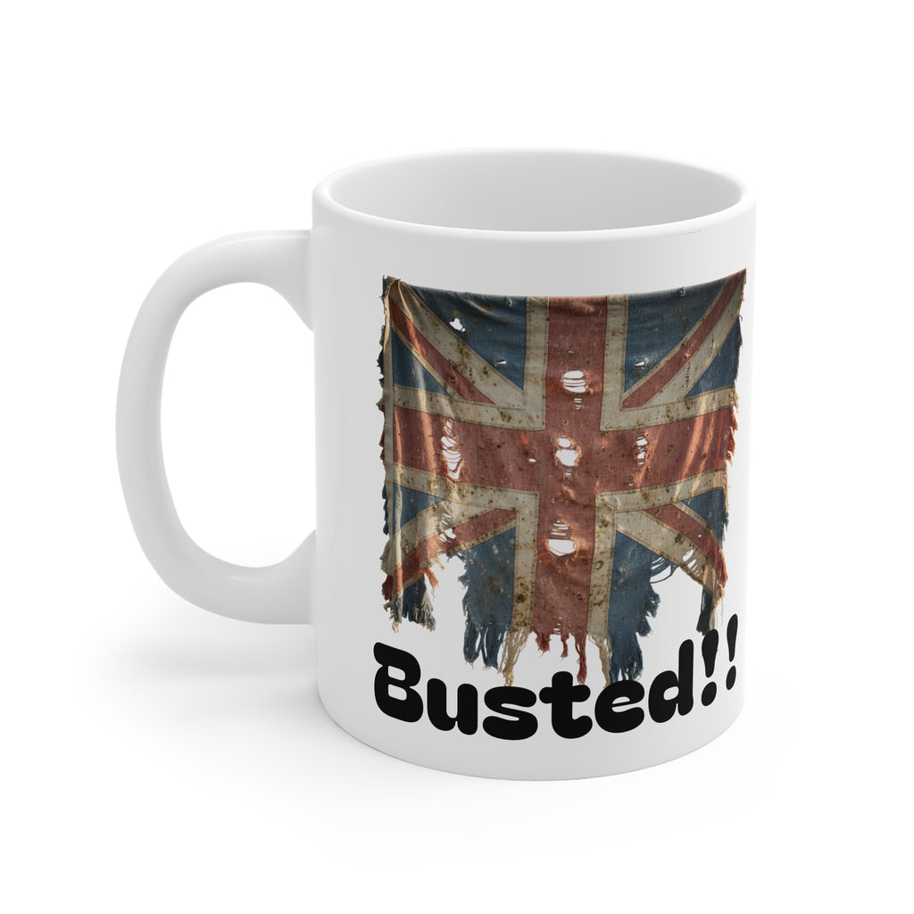 White mug with a distressed British flag design and 'Busted!!' text on a white background