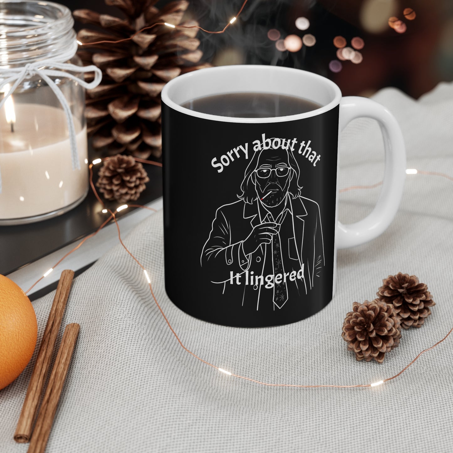 BLACK COFFEE MUG JACKSON LAMB IMAGE SLOW HORSES SORRY ABOUT THAT IT LINGERED 