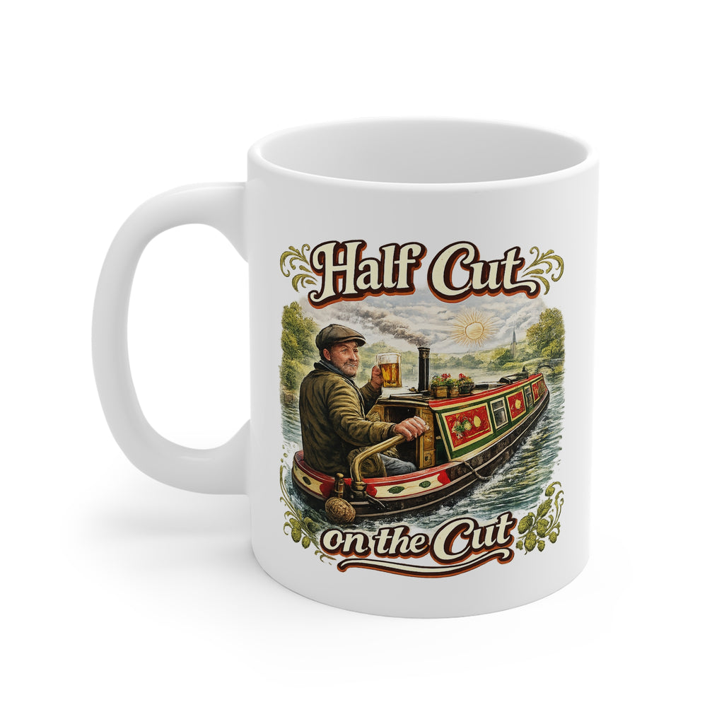 Mug with a design of a man on a boat and text 'Half Cut on the Cut' on a white background
