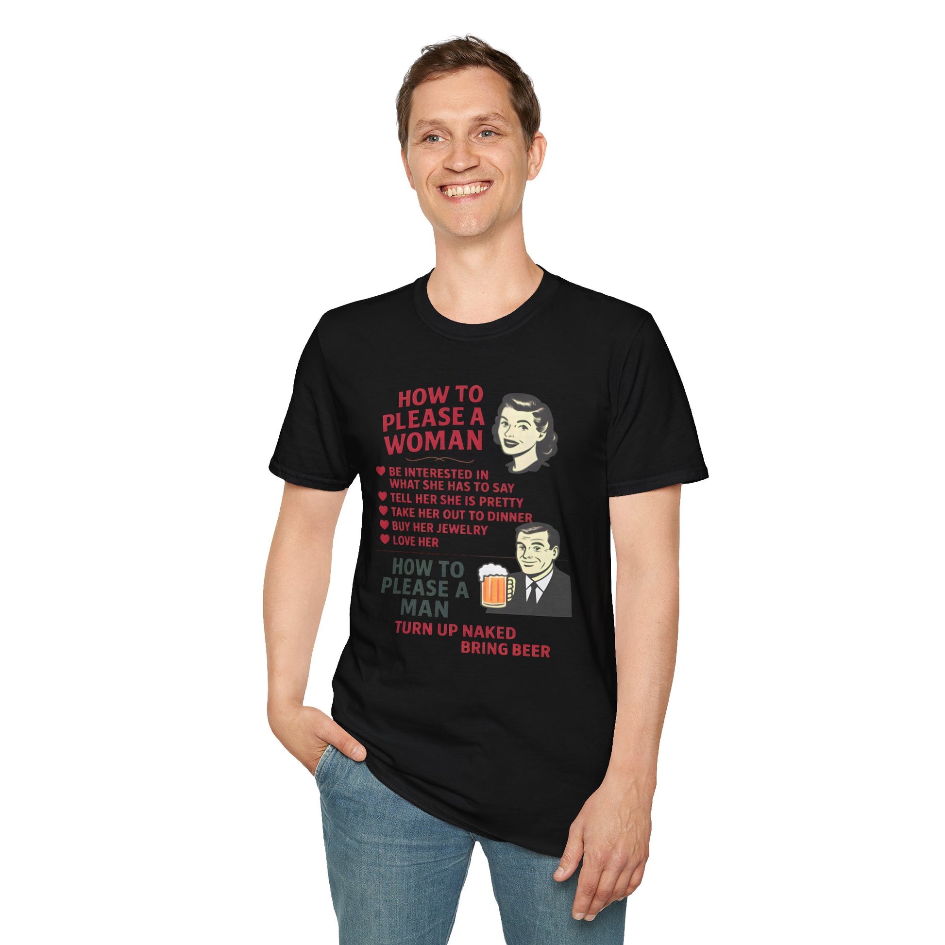 How to Please a Woman vs Man Vintage Humor T-Shirt Fat Boris
