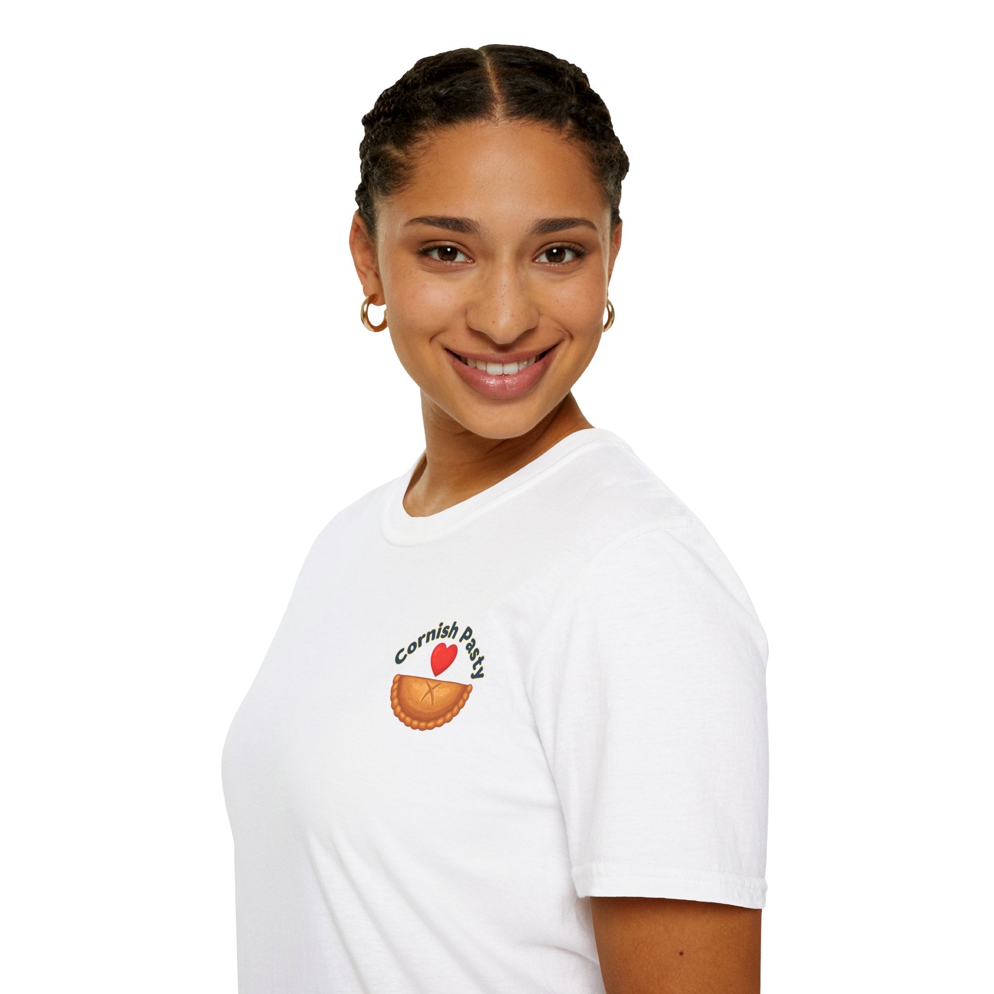 Woman standing White t-shirt with a graphic design, I love Cornish pasty on a white background