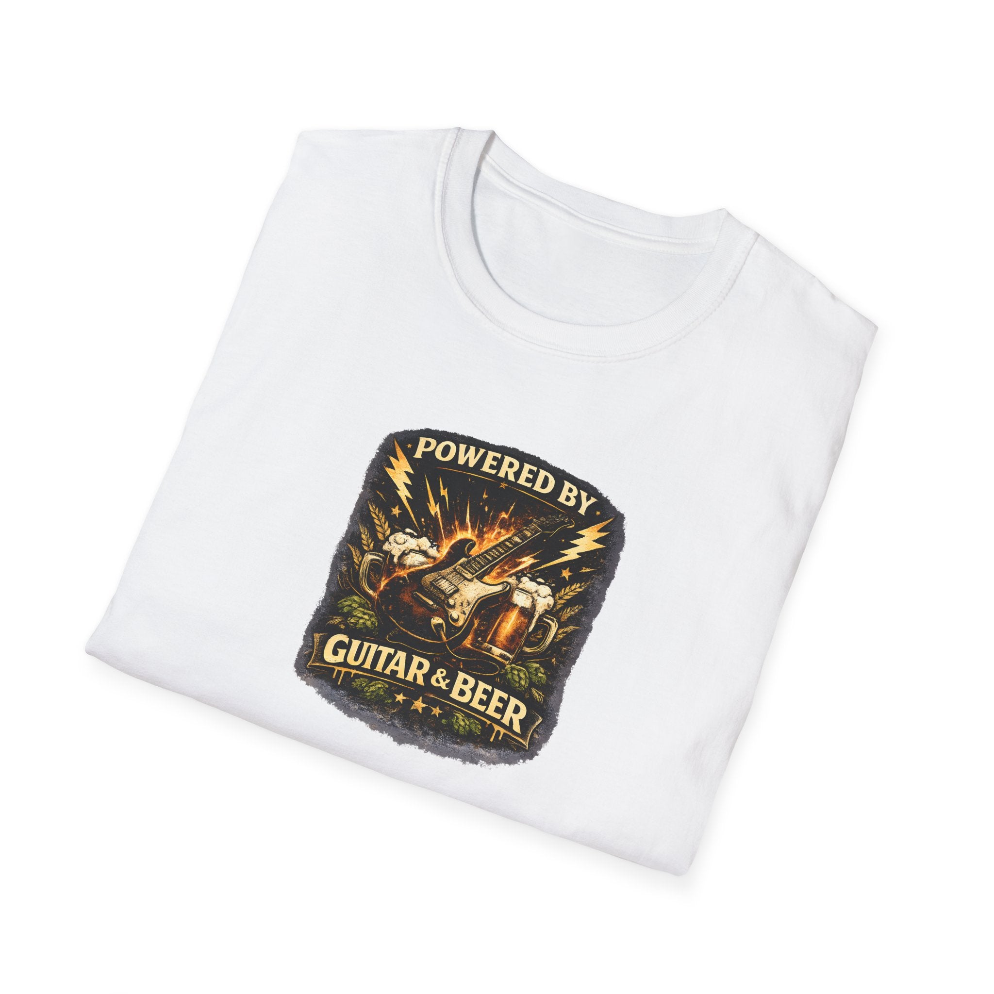 White t-shirt with a graphic design featuring 'Powered by Guitar & Beer' text on a white background