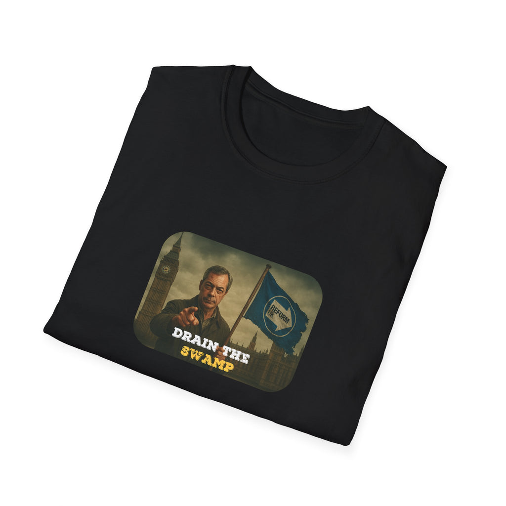  Fat Boris design – Drain the Swamp, a dystopian political protest print folded black T-shirt outside the houses of parliament