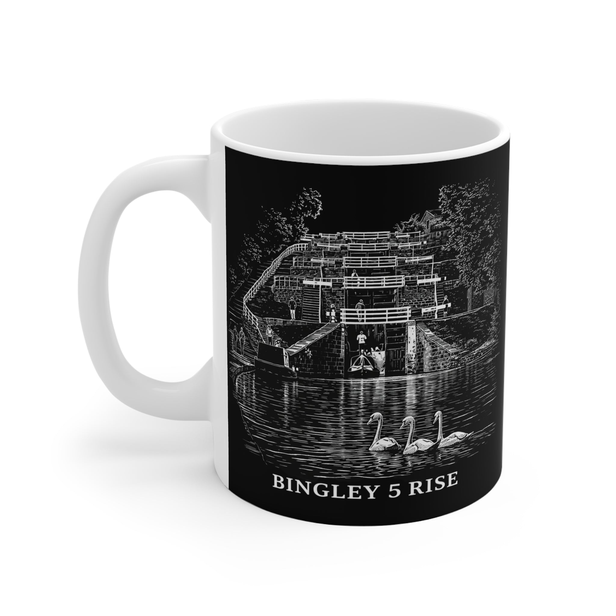 Historic Bingley 5 Rise Locks Mug — Scenic Canal Lock Illustration Coffee Cup