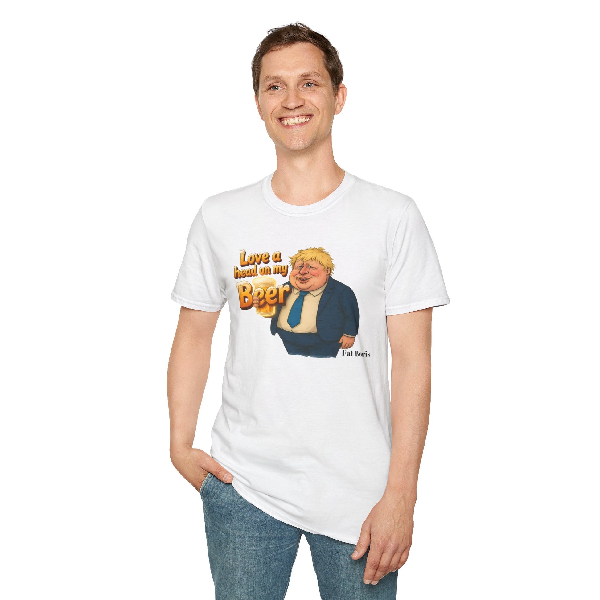 Political Caricature T‑Shirt — "Love a Head on My Beer" Funny Boris Johnson Design Printify