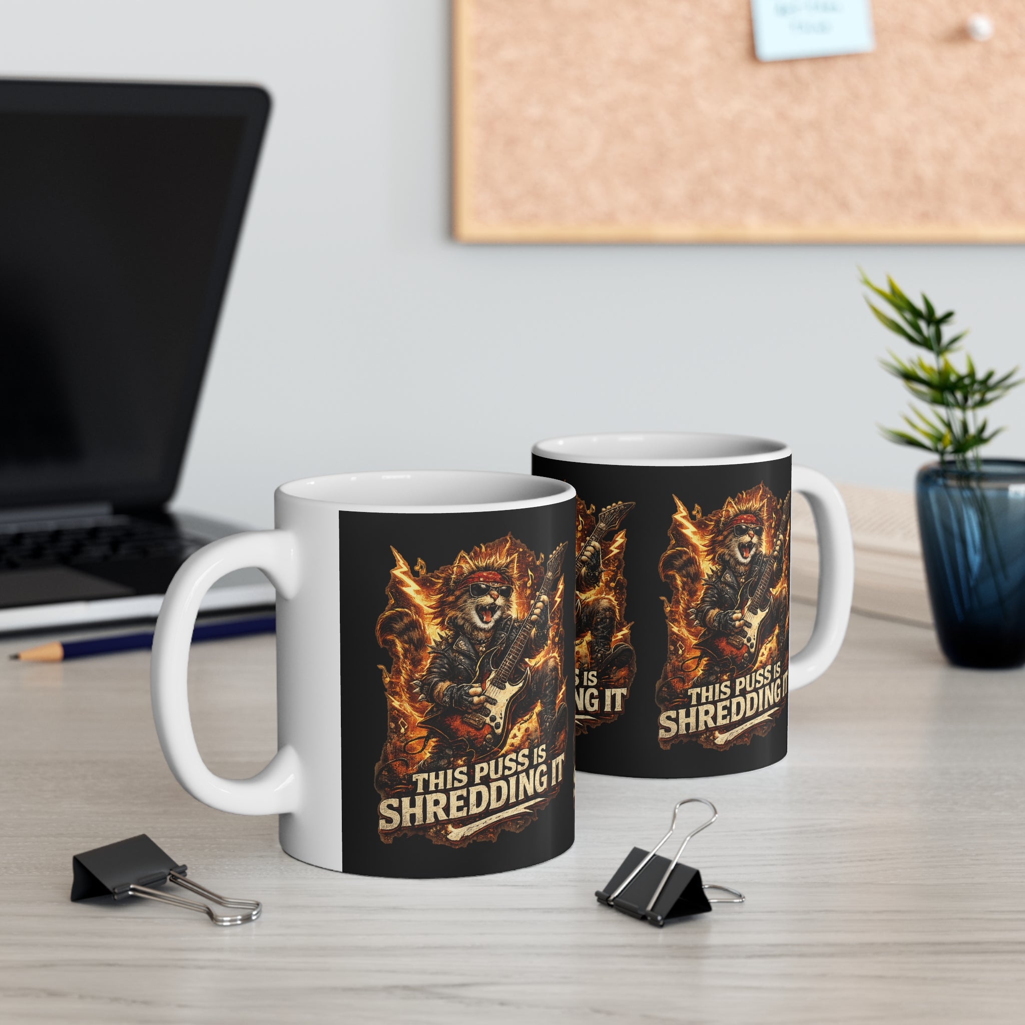 Rock Cat Guitar Mug — "This Puss Is Shredding It" 11oz Coffee Cup 