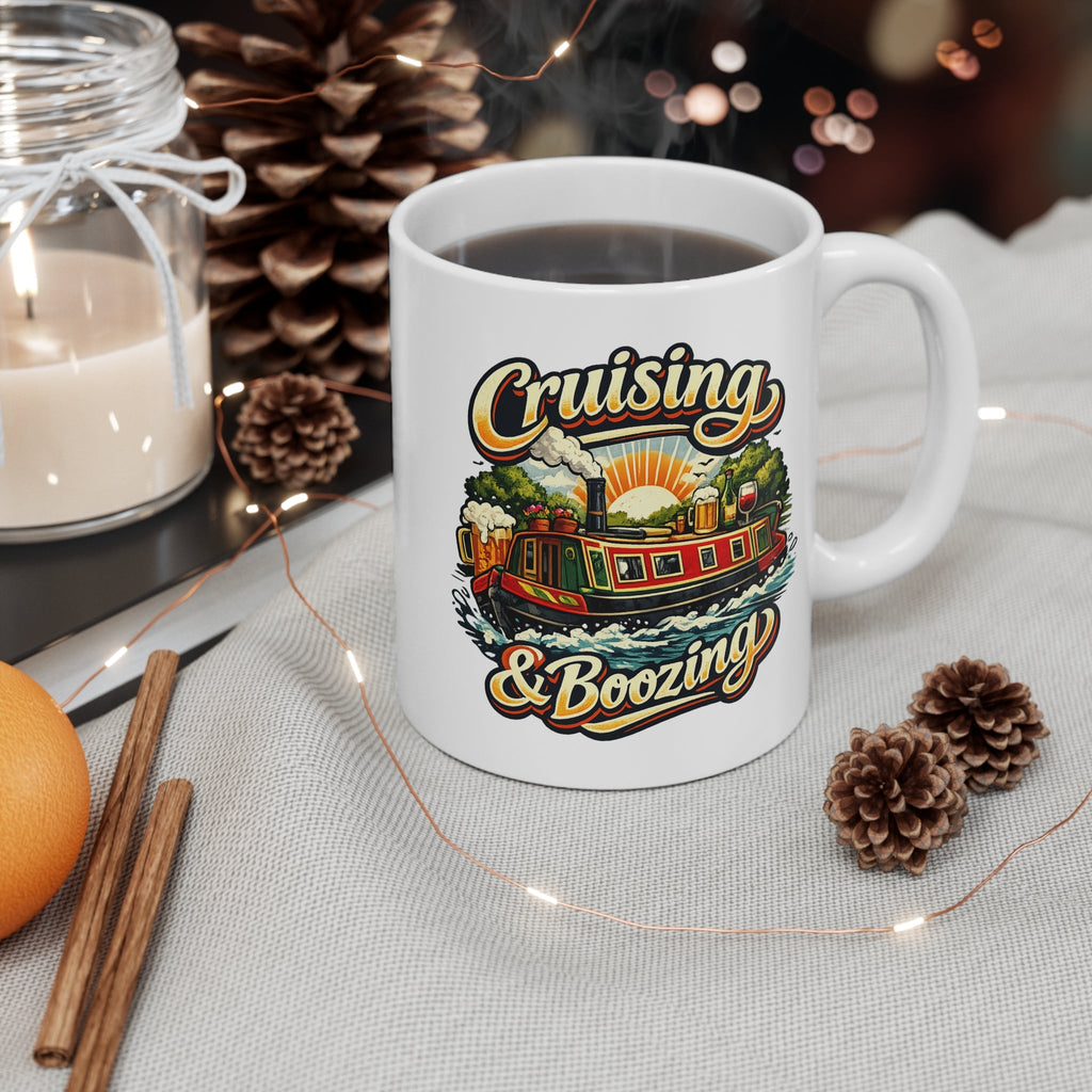 Cruising & Boozing Mug — Retro Canal Boat Beer Travel Coffee Cup Printify