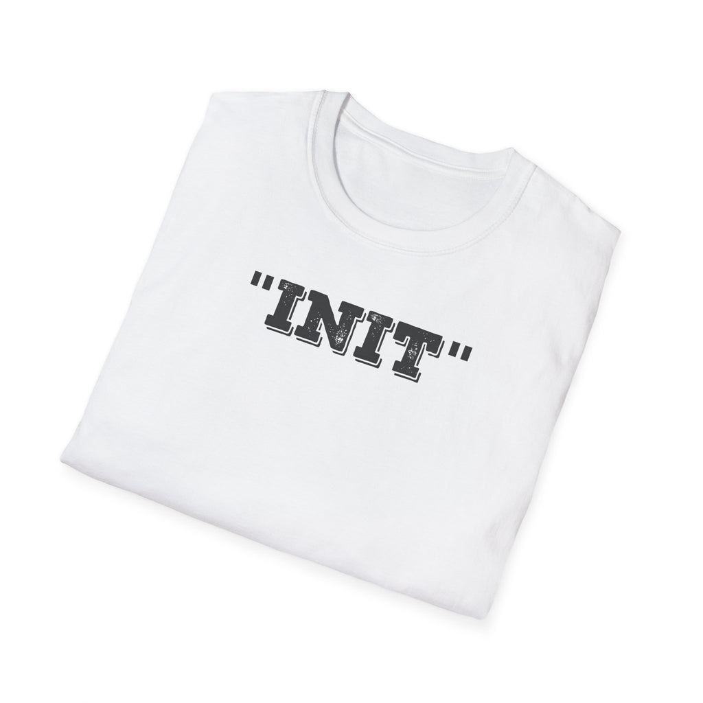 White t-shirt with 'INIT' text on a white background
