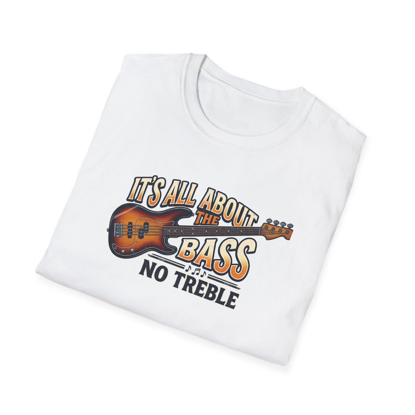 Fat Boris Store product photo of a black crewneck t-shirt featuring a detailed, vintage-style graphic of a sunburst bass guitar with the text "IT'S ALL ABOUT THE BASS NO TREBLE" in retro typography above and below it. The graphic has a distressed, screen-printed texture.