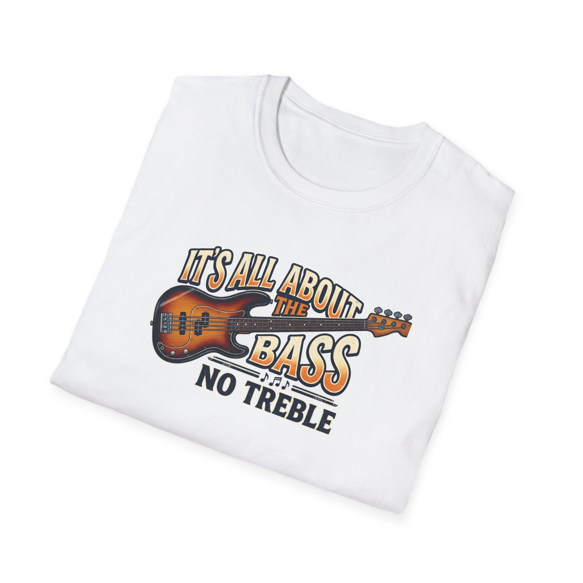 Fat Boris Store product photo of a black crewneck t-shirt featuring a detailed, vintage-style graphic of a sunburst bass guitar with the text "IT'S ALL ABOUT THE BASS NO TREBLE" in retro typography above and below it. The graphic has a distressed, screen-printed texture.