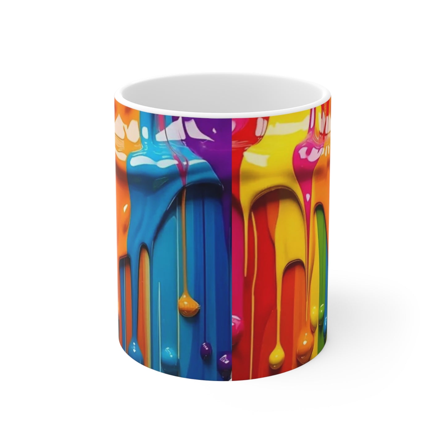Colorful mug with a design of melted candy on a white background