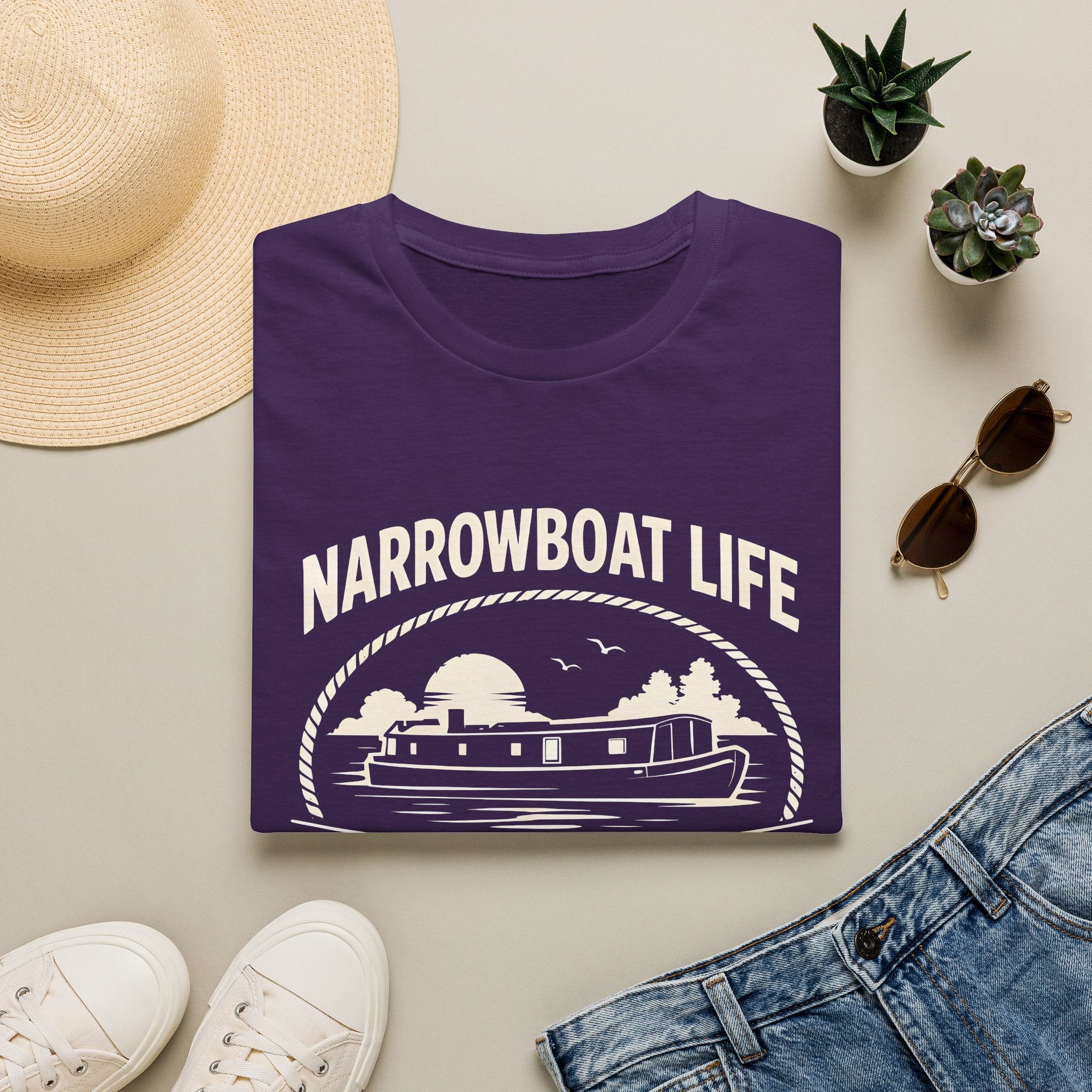 Narrowboat Life T-Shirt – 'No Rush • No Fuss' Canal Boat Tee Printify