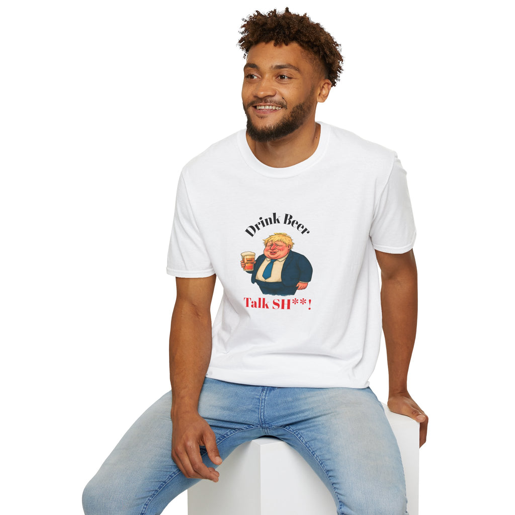Man sitting White t-shirt with graphic of Fat Boris holding a beer and text drink beer talk sh**!  on a white background