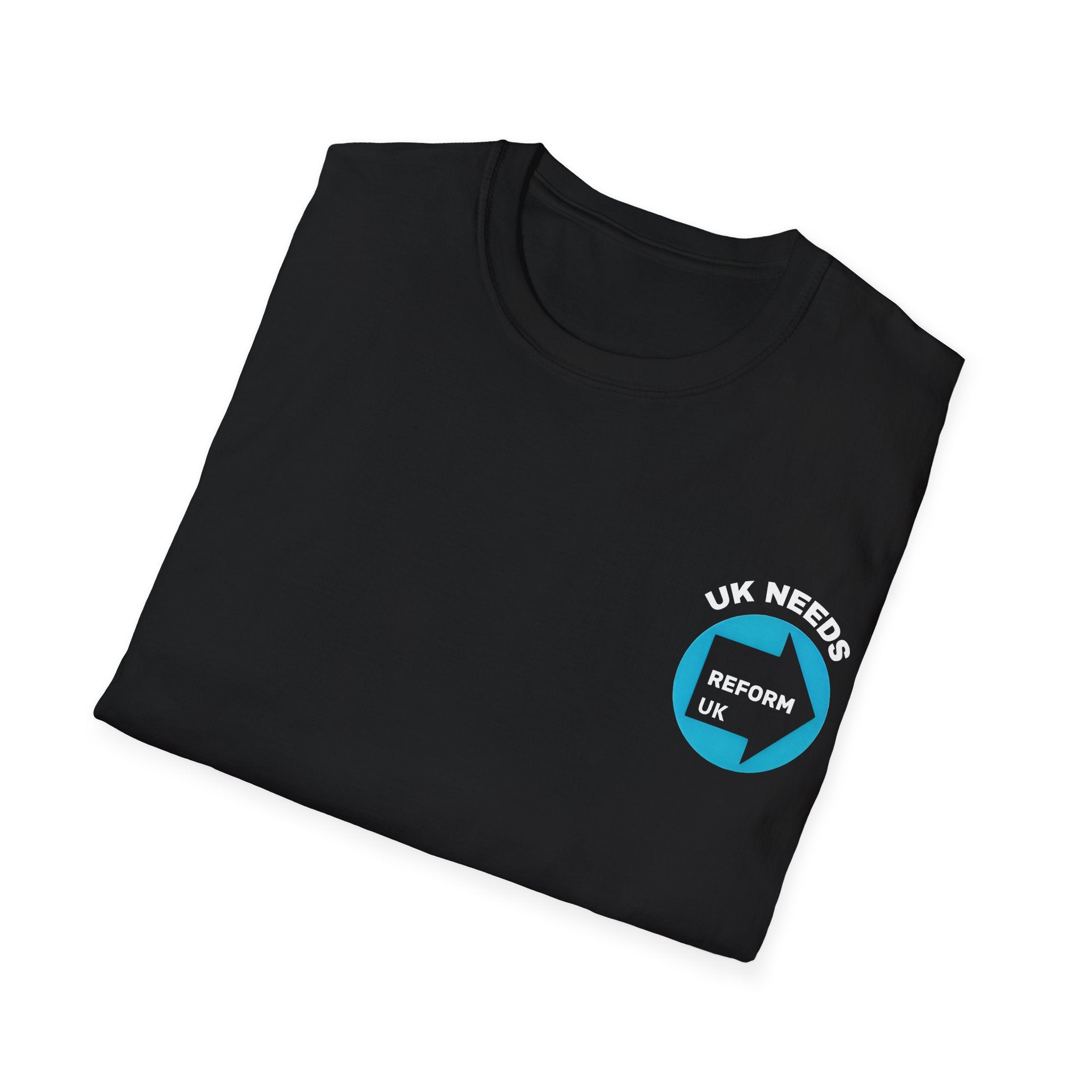Folded black t-shirt with a UK NEEDS REFORM blue and white logo on a BLACK background