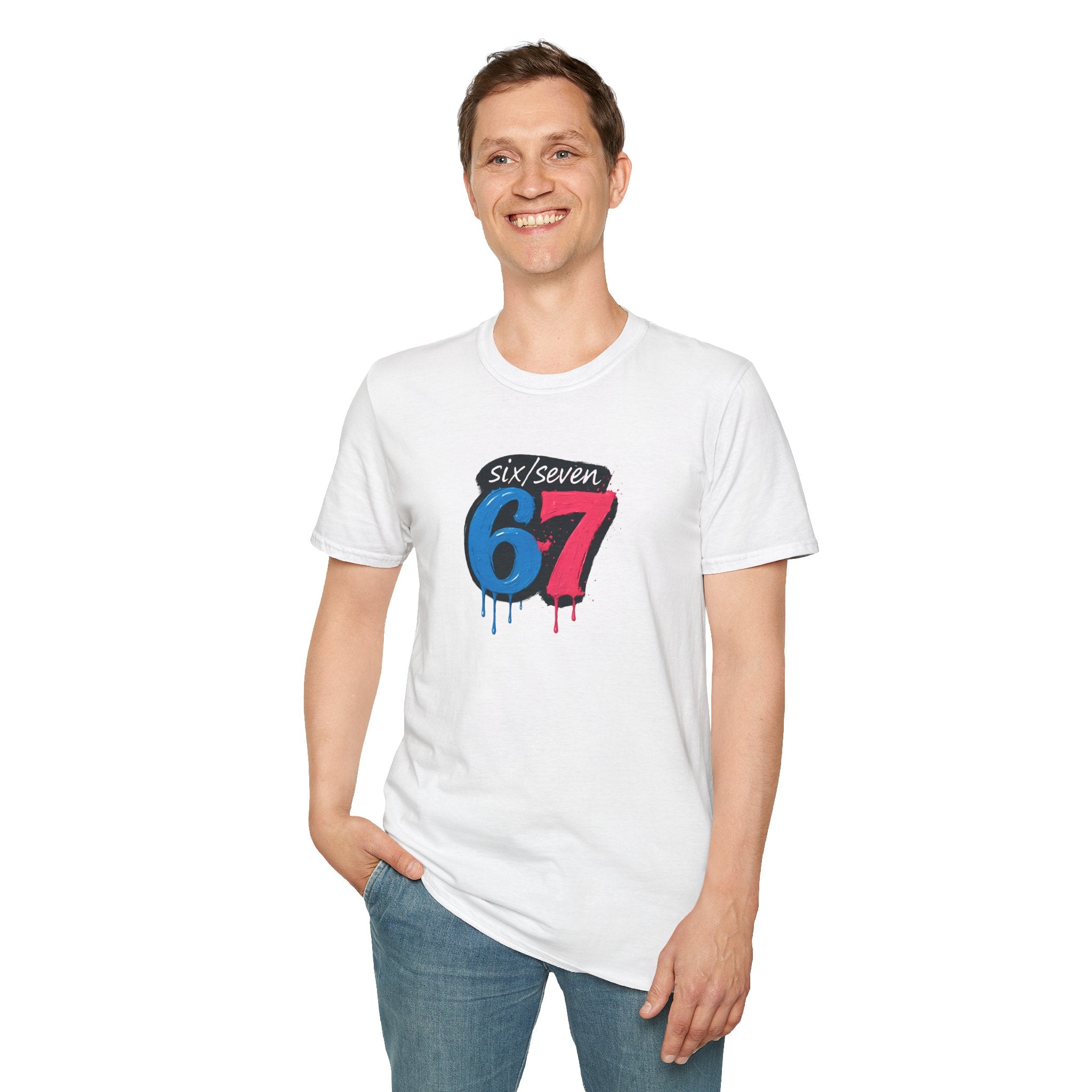 Person wearing a white t-shirt with a colourful six seven meme  design on a white background