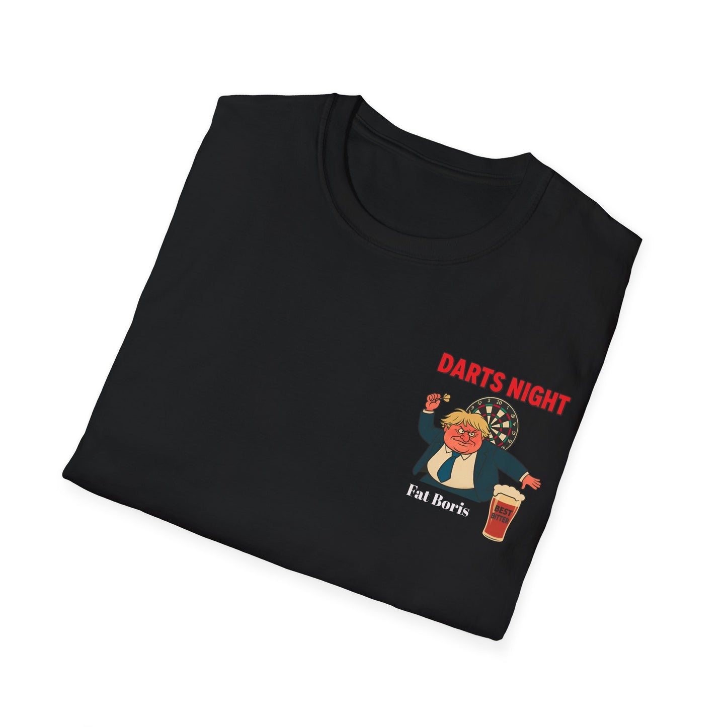 Folded Black t-shirt with fat Boris  'Darts Night' graphic design on a white background