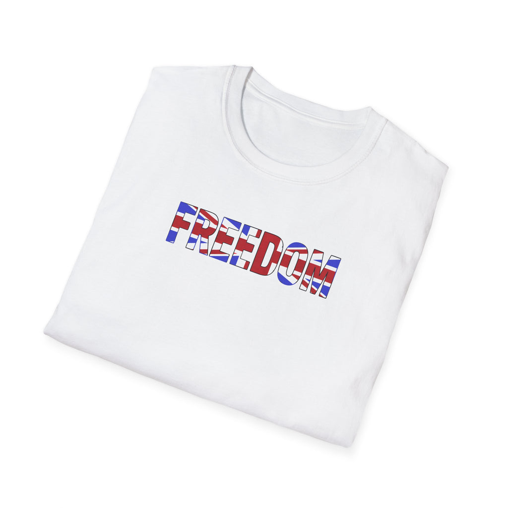Folded White t-shirt with 'FREEDOM' printed in colourful letters on a white background