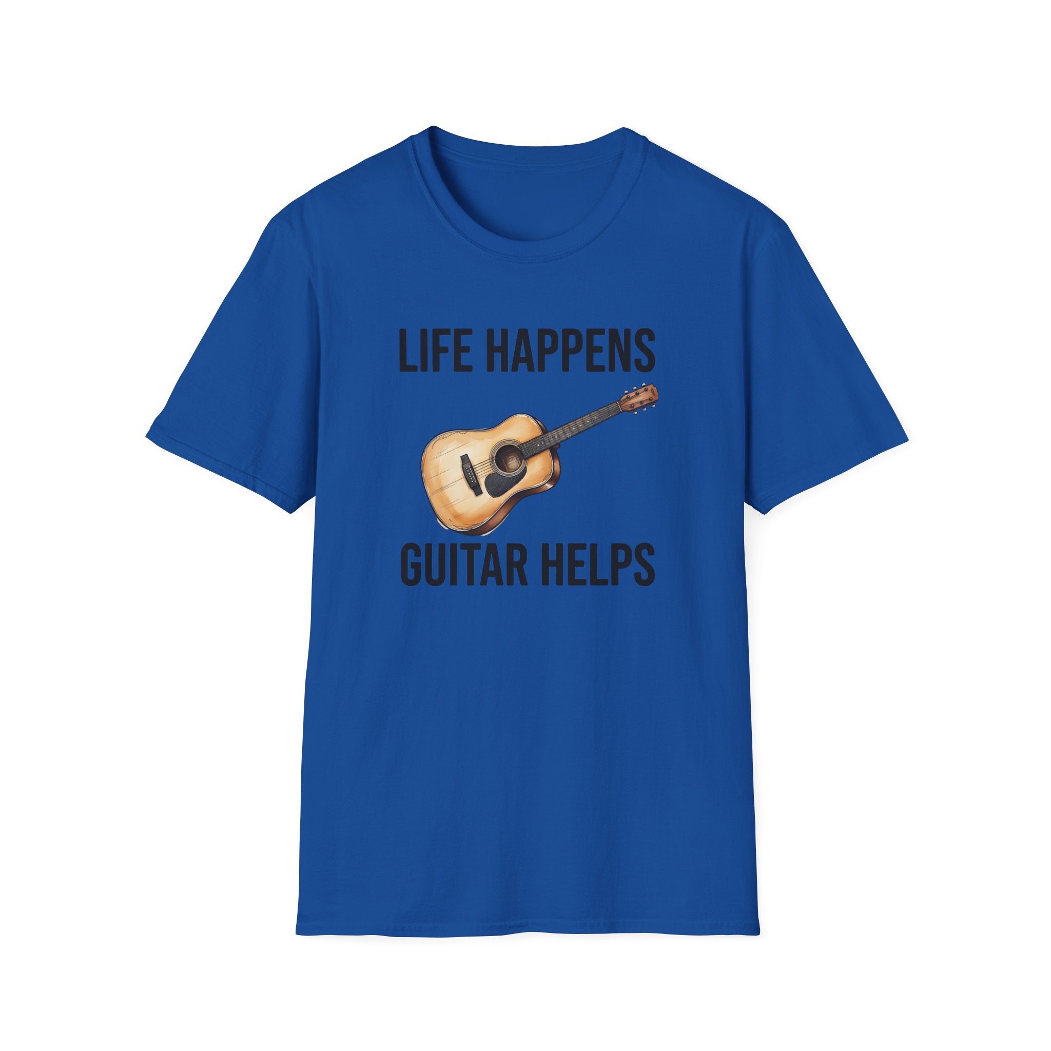Life Happens Guitar Helps T-Shirt | Funny Acoustic Guitar Player Tee | Musician Gift 