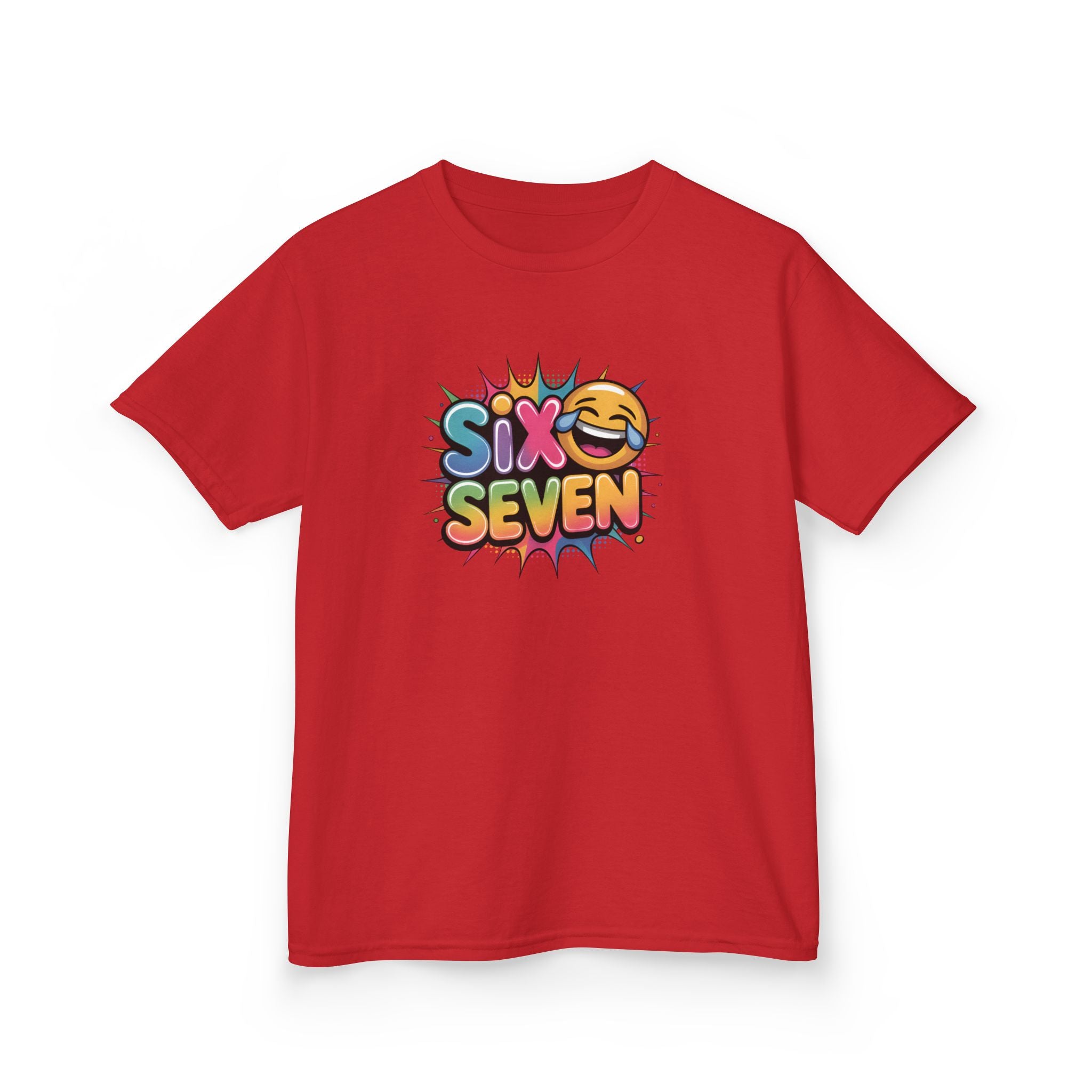 Red t-shirt with 'Six Seven' design on a white background