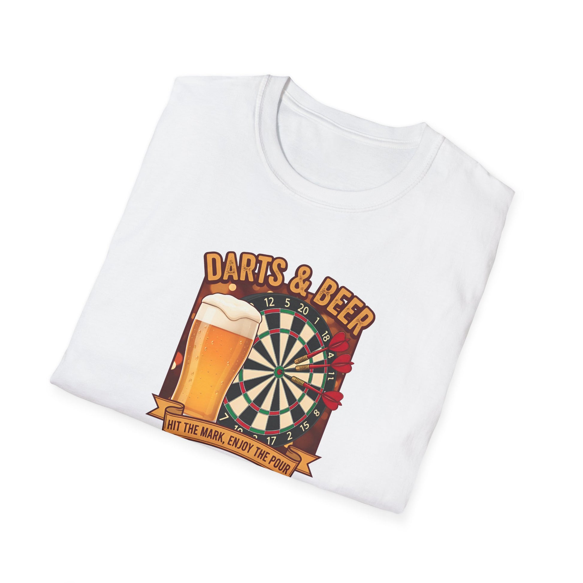 Folded white  Darts & Beer Go Together T-shirt from the Fat Boris Beer Shed collection 
