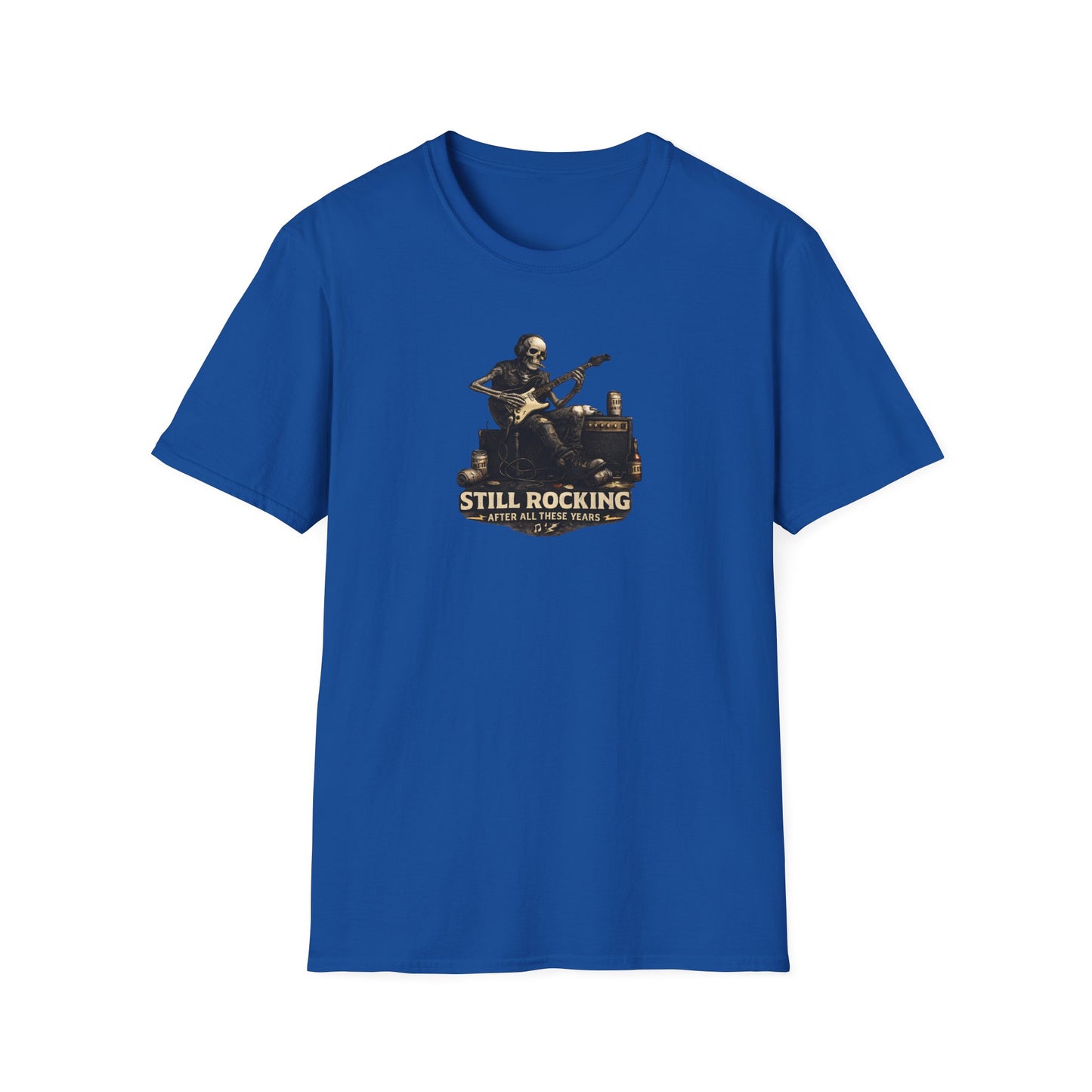Blue t-shirt with a graphic design of a skeleton playing guitar and text 'Still Rocking After All These Years' on a white background.