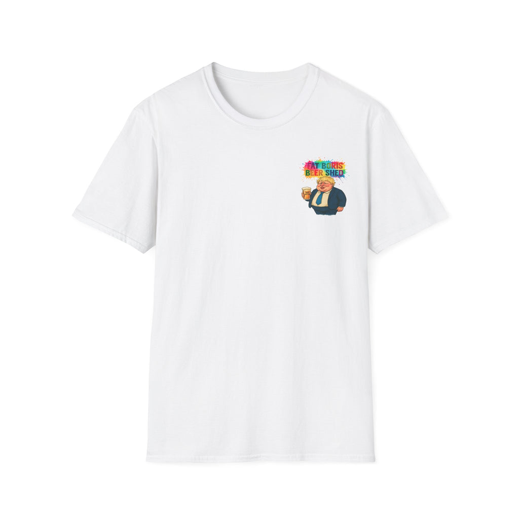 White t-shirt with a colourful POCKET FAT BORIS graphic on a white background