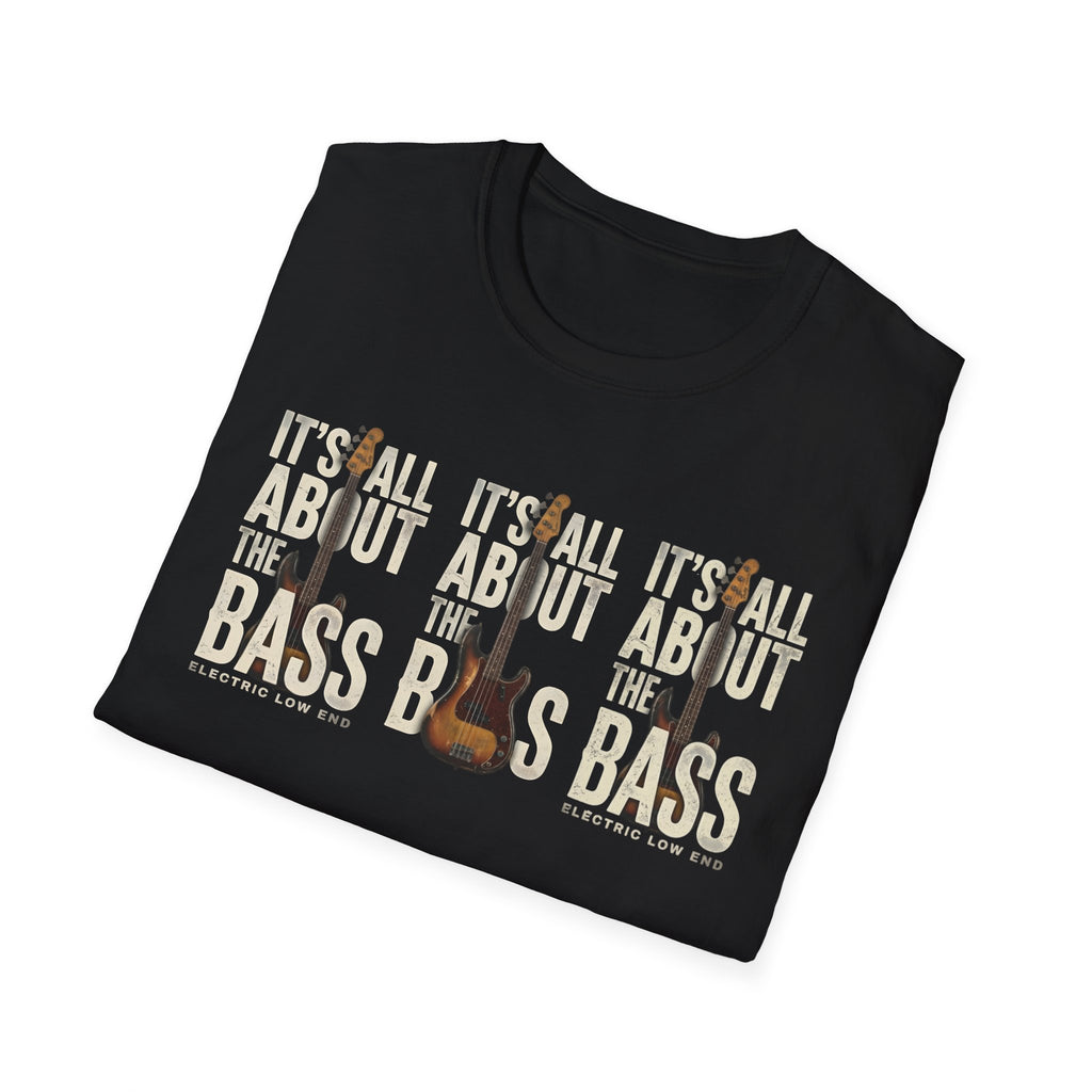 Black t-shirt with 'It's All About the Bass' text and guitar graphics on a white background