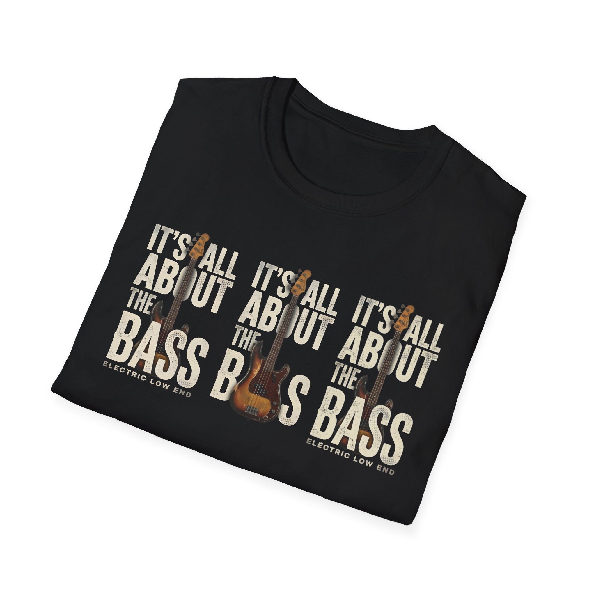 Black t-shirt with 'It's All About the Bass' text and guitar graphics on a white background