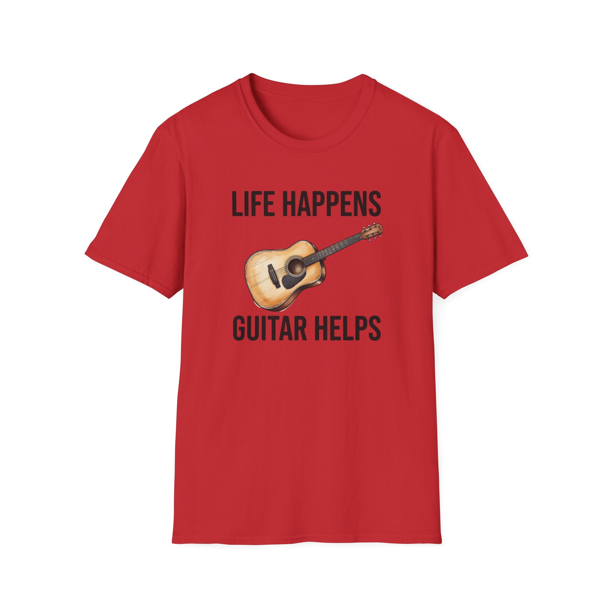 Life Happens Guitar Helps T-Shirt | Funny Acoustic Guitar Player Tee | Musician Gift Printify