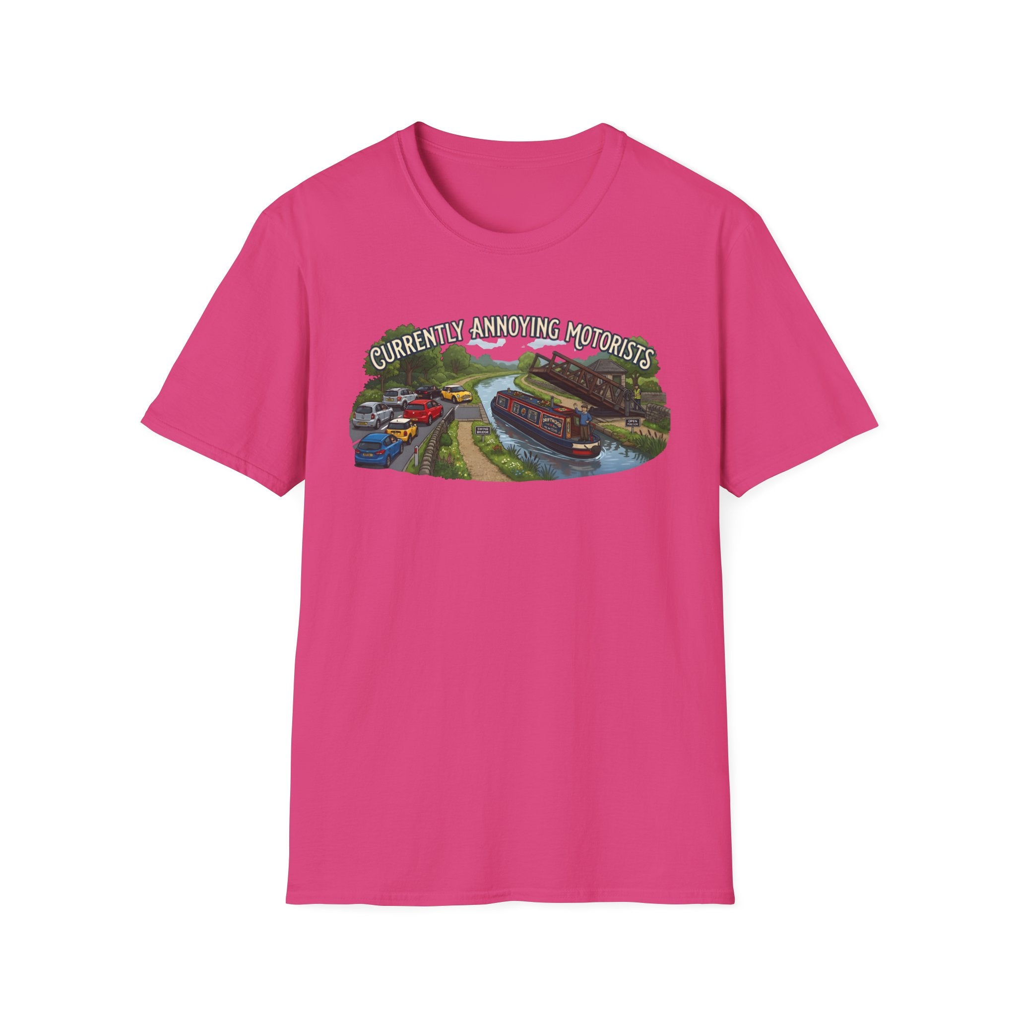 Canal Narrowboat Swing Bridge Print – “Currently Annoying Motorists” Humorous Boat T Shirt 