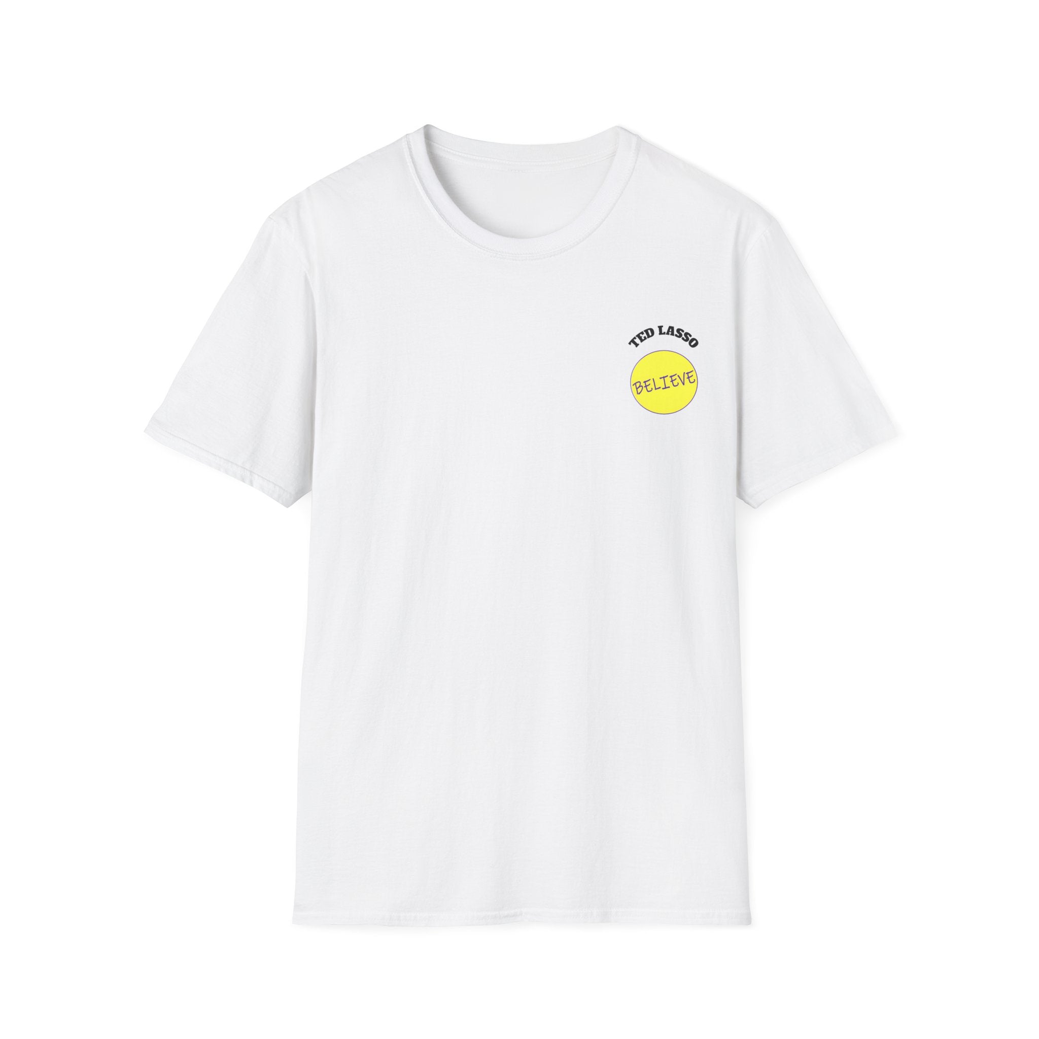 White t-shirt with a yellow logo and text BELIEVE Ted lasso on a white background