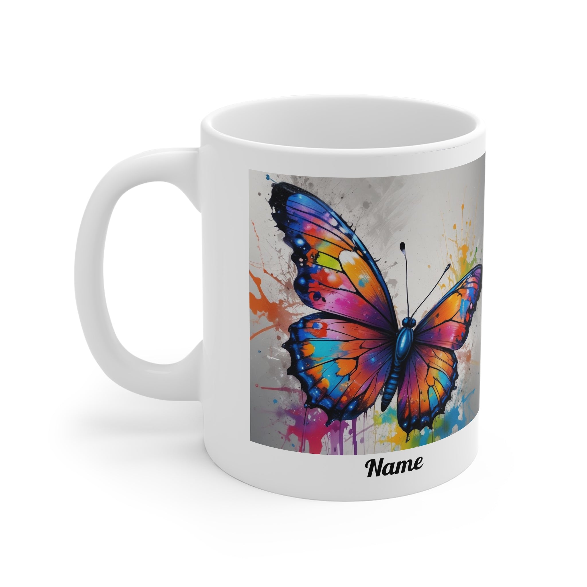 Colourful Watercolor Paint Splash Butterfly Mug — Personalised Name Coffee Cup Printify