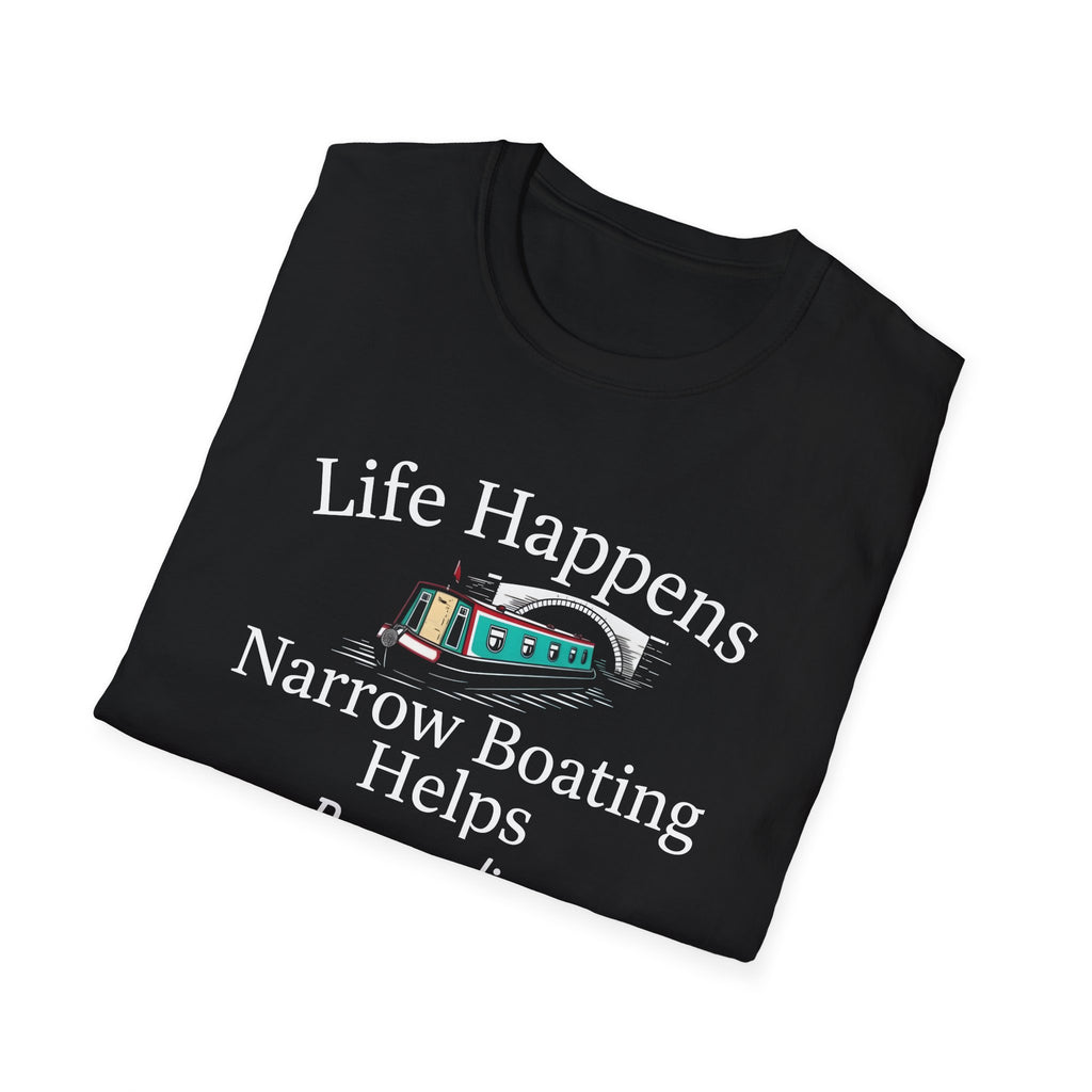 Life Happens Narrow Boating Helps T-Shirt | Personalised Option Narrowboat Canal Boat Gift Printify
